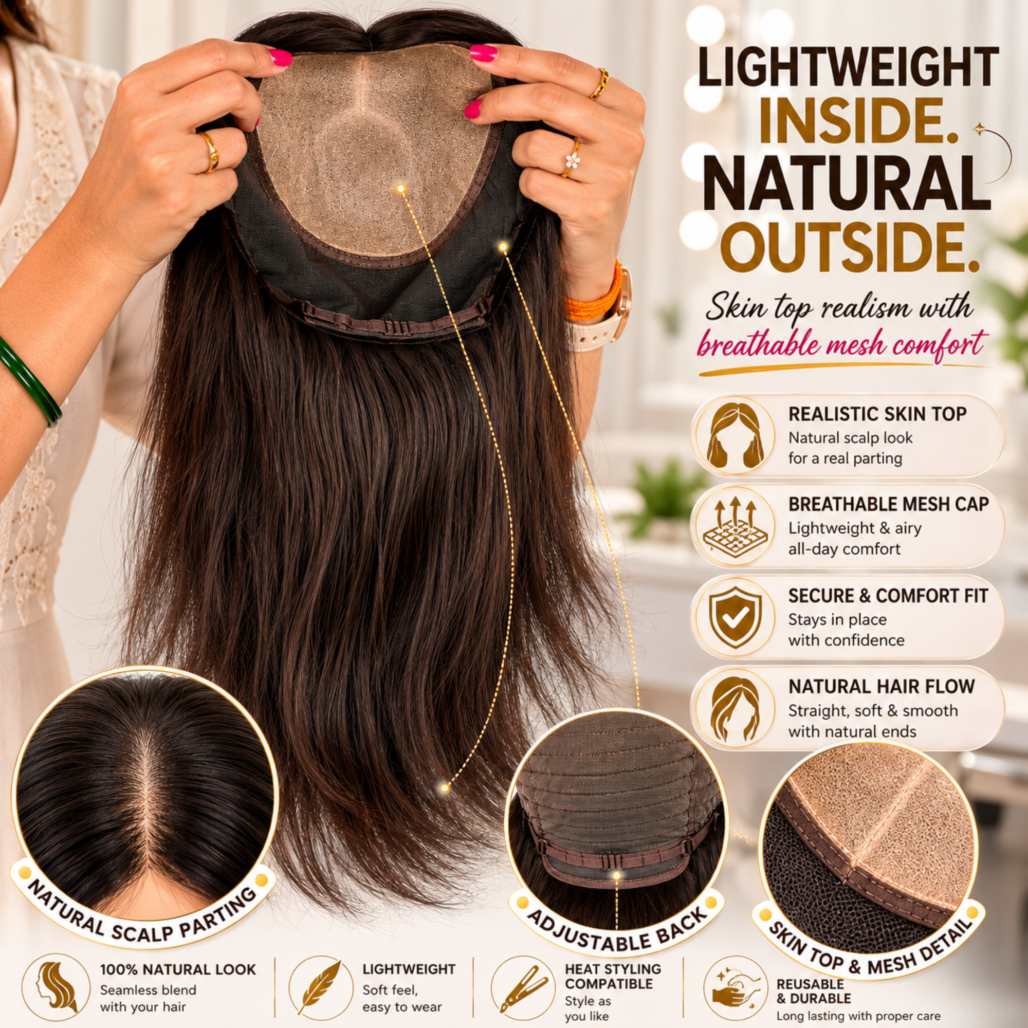 Hairzo Skin Mesh Ladies Hair Wig | 100% Human Hair Wig for Women | Breathable Mesh Cap Wig with Natural Scalp Effect