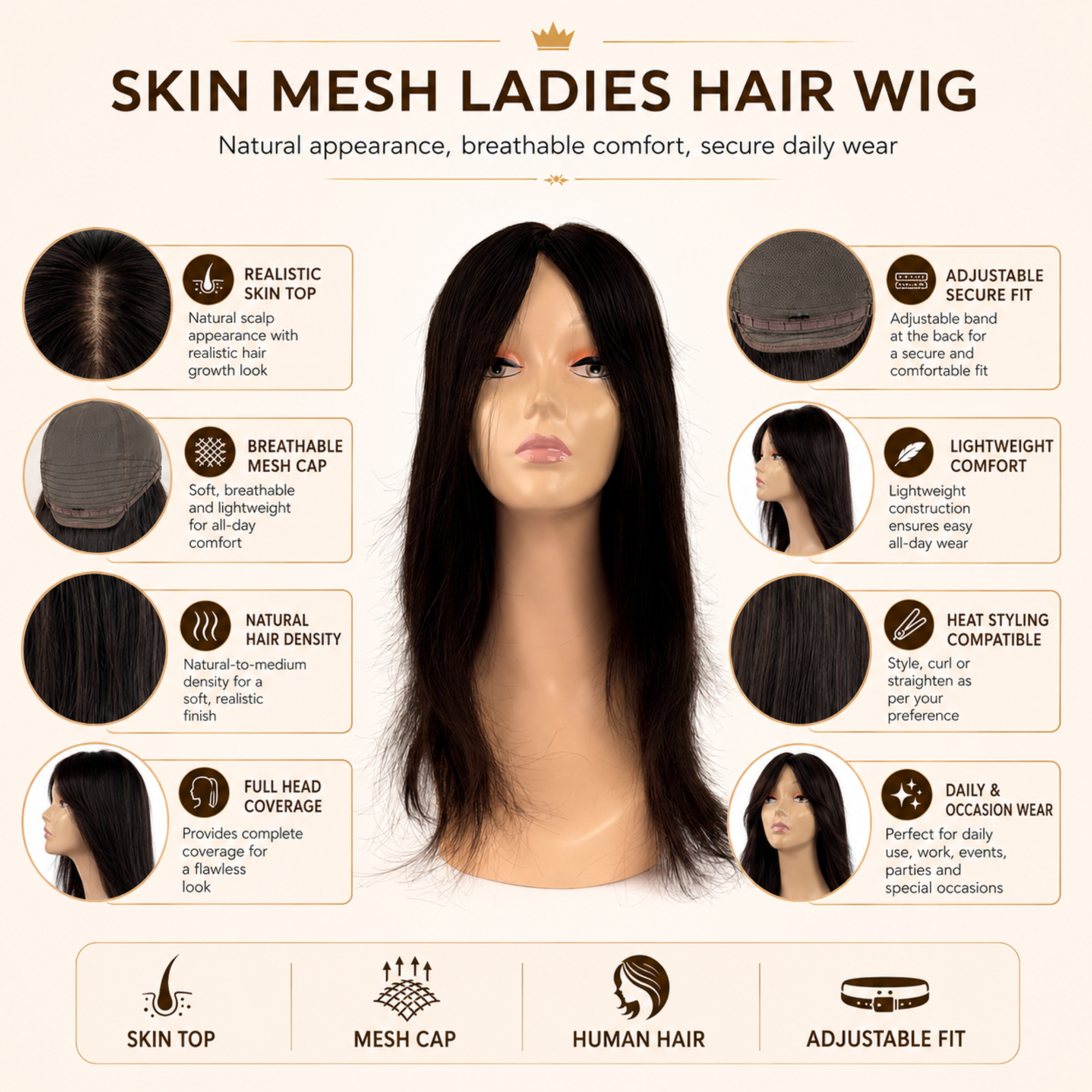 Hairzo Skin Mesh Ladies Hair Wig | 100% Human Hair Wig for Women | Breathable Mesh Cap Wig with Natural Scalp Effect