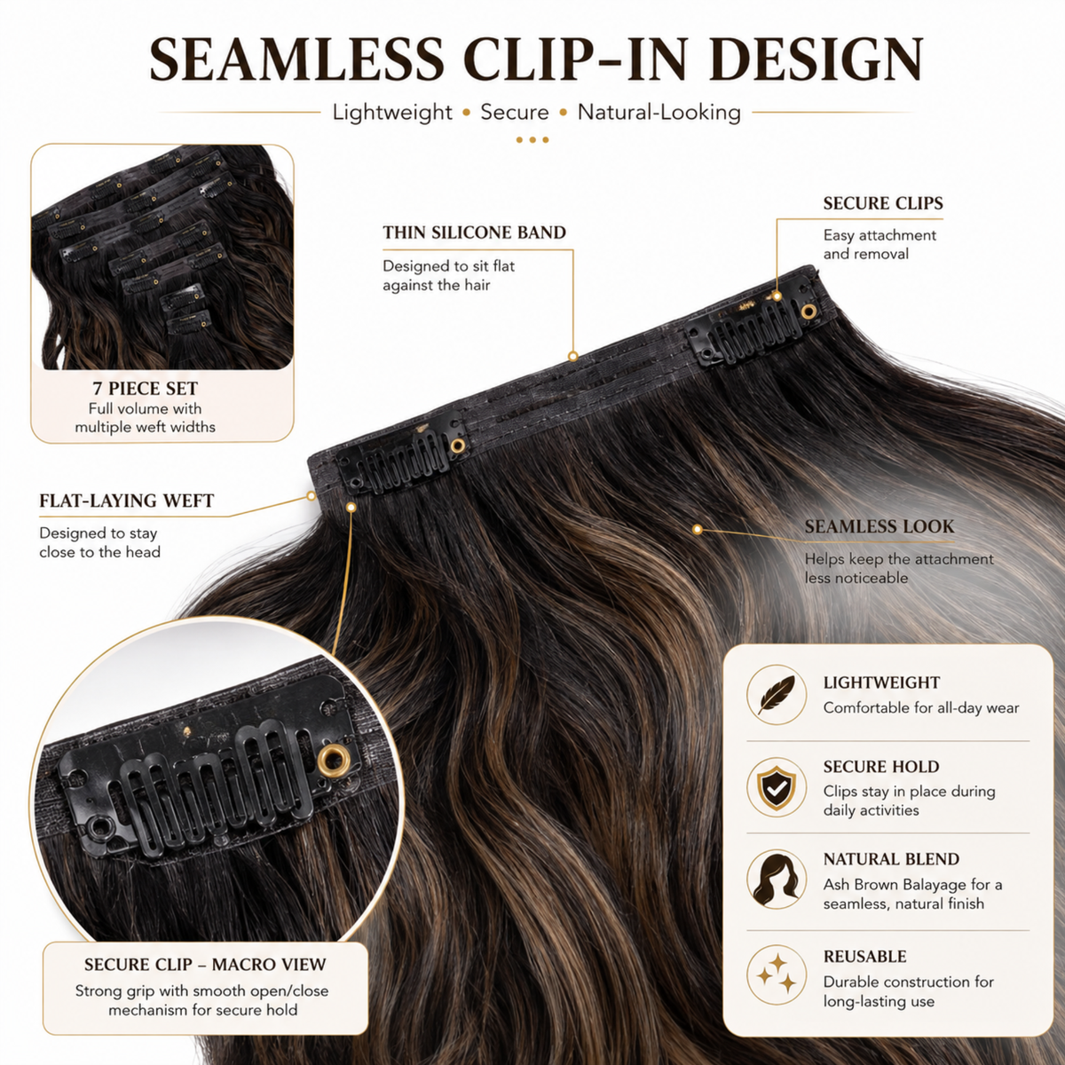 Hairzo Ash Brown Balayage Seamless 7 Set Clip-in Hair Extensions – 100% Virgin Human Hair