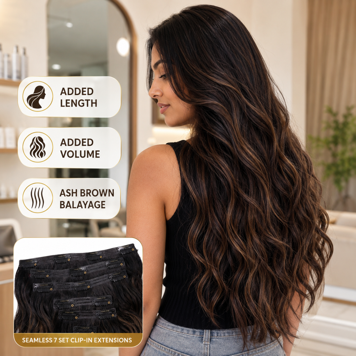 Hairzo Ash Brown Balayage Seamless 7 Set Clip-in Hair Extensions – 100% Virgin Human Hair