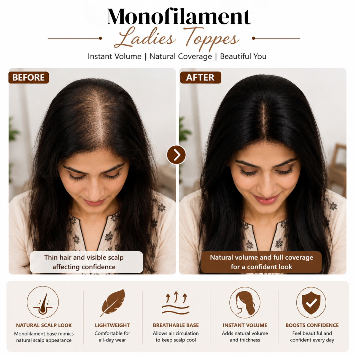 Hairzo Monofilament Ladies Topper – 100% Human Hair Topper for Women