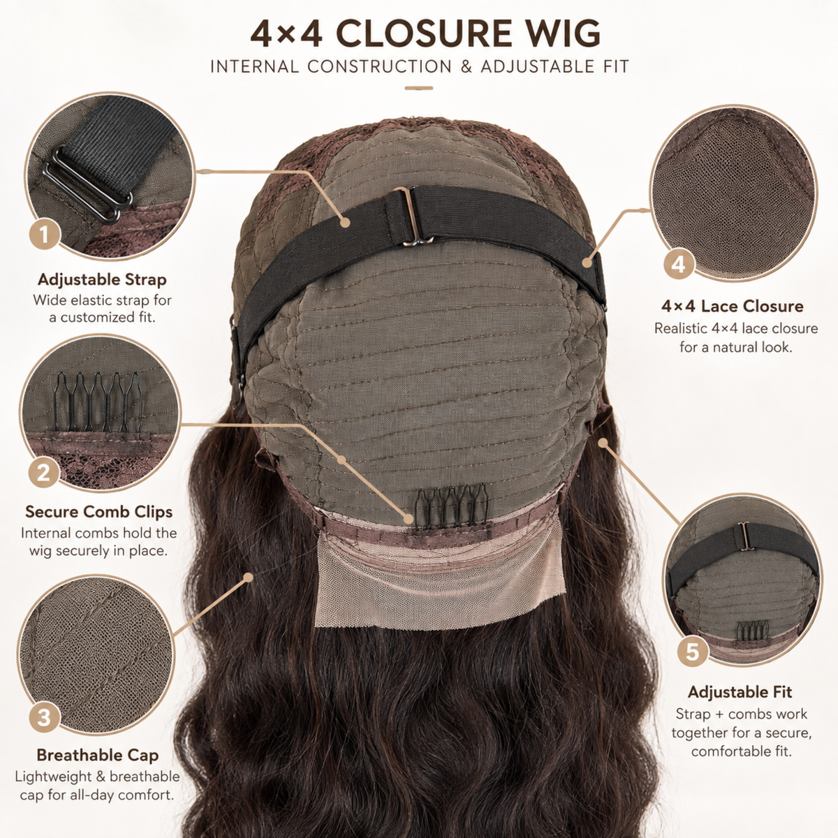 Hairzo 4×4 Closure Wig for Women – 100% Human Hair, Natural Black, Clear Front Hairline