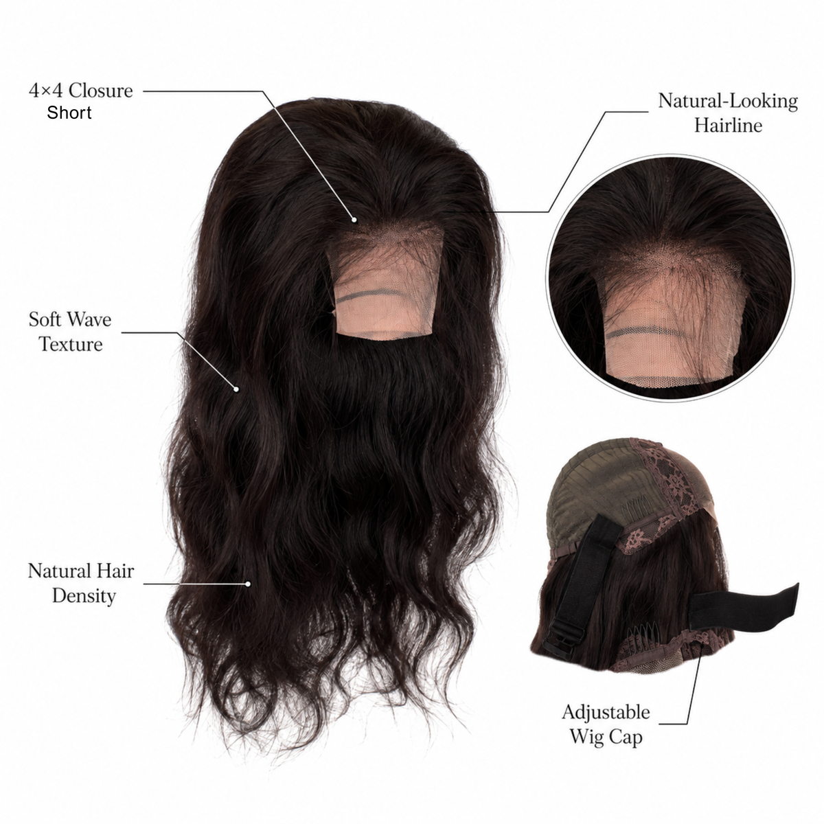 Hairzo 4×4 Short Closure Wig for Women – 100% Human Hair, Natural Black, Clear Front Hairline