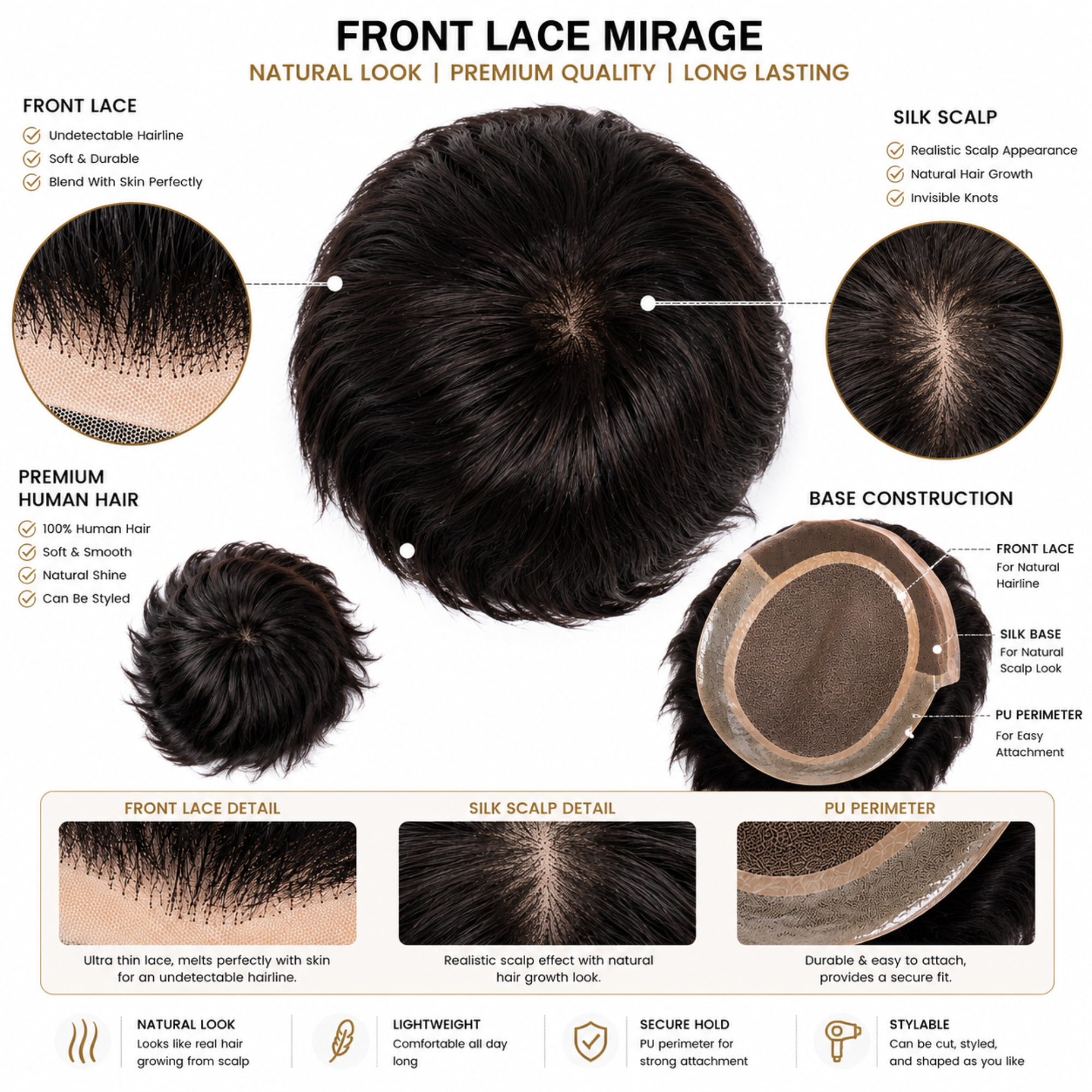 Hairzo MIRAGE Front Lace Hair Patch for Men | 100% Human Hair Toupee with Natural Invisible Hairline | Breathable Front Lace Hair Replacement System