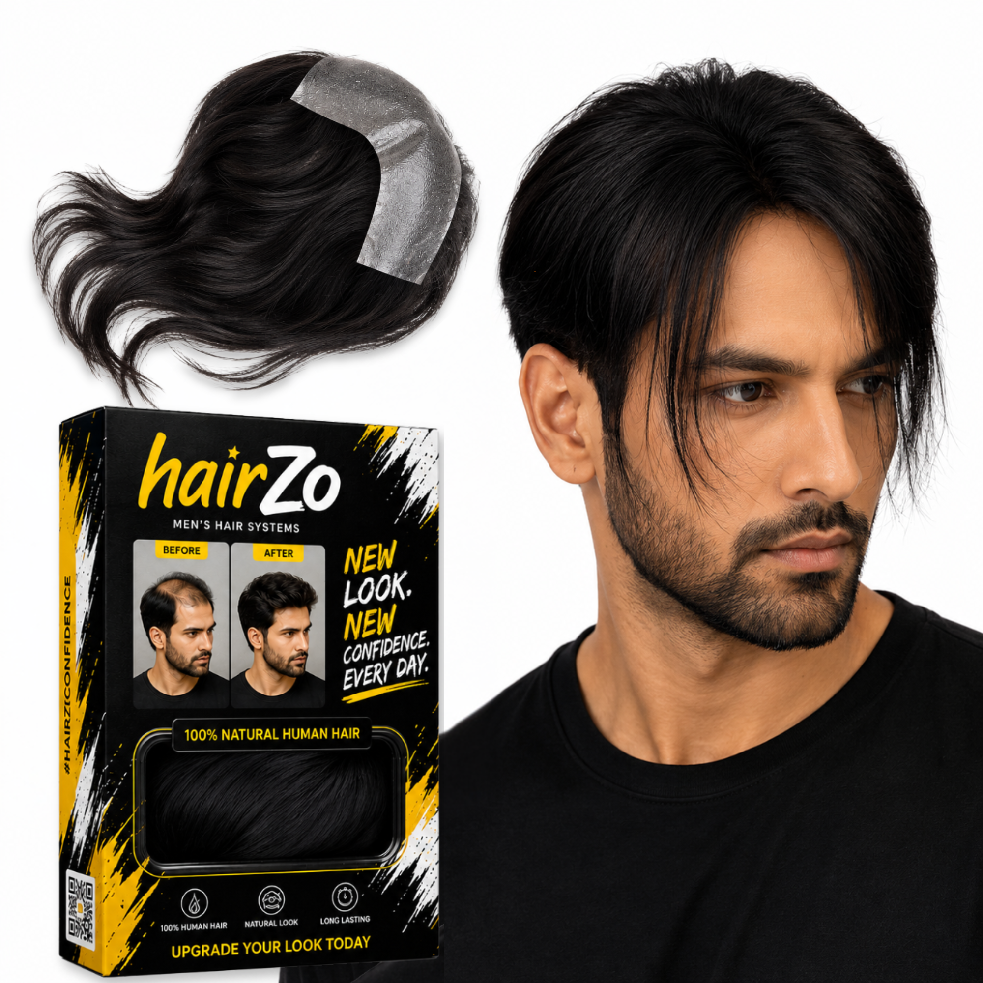 Hairzo Men’s Frontal Forehead Hair Topper Patch | Indian Human Hair Thin Skin PU Toupee for Receding Hairline | Natural V Loop Hair Replacement System for Men