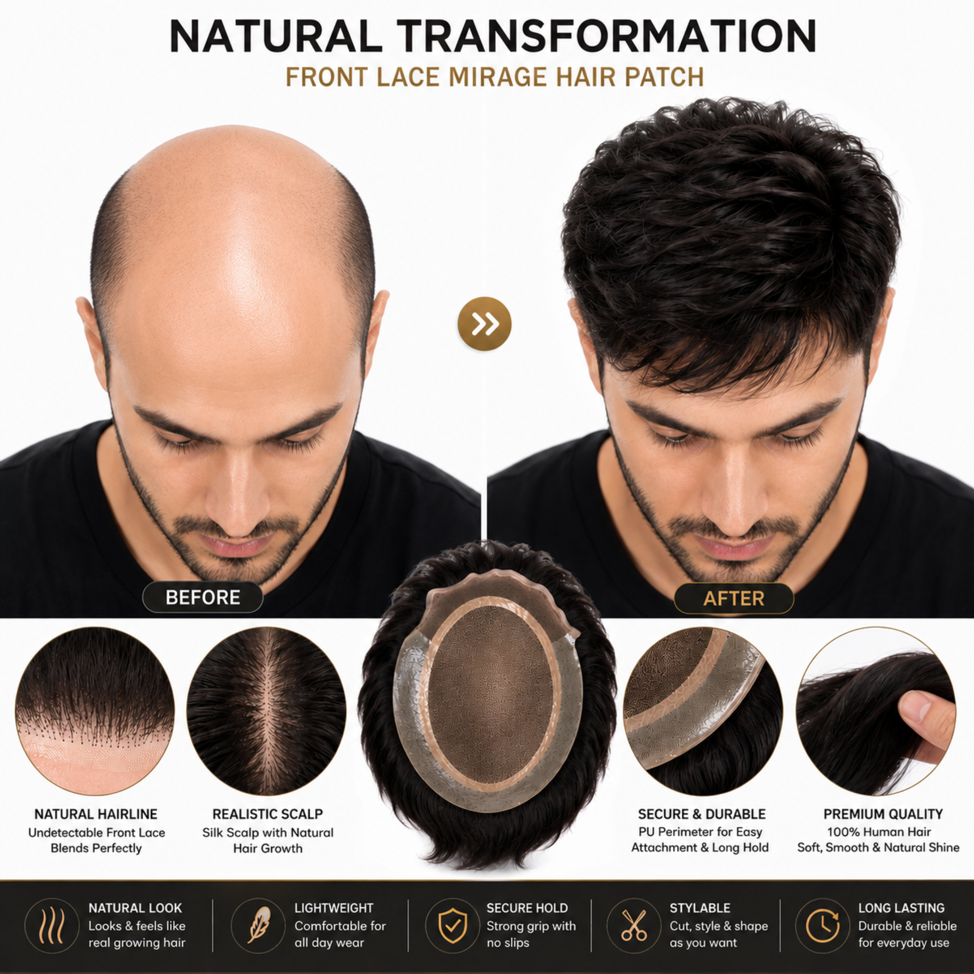 Hairzo MIRAGE Front Lace Hair Patch for Men | 100% Human Hair Toupee with Natural Invisible Hairline | Breathable Front Lace Hair Replacement System
