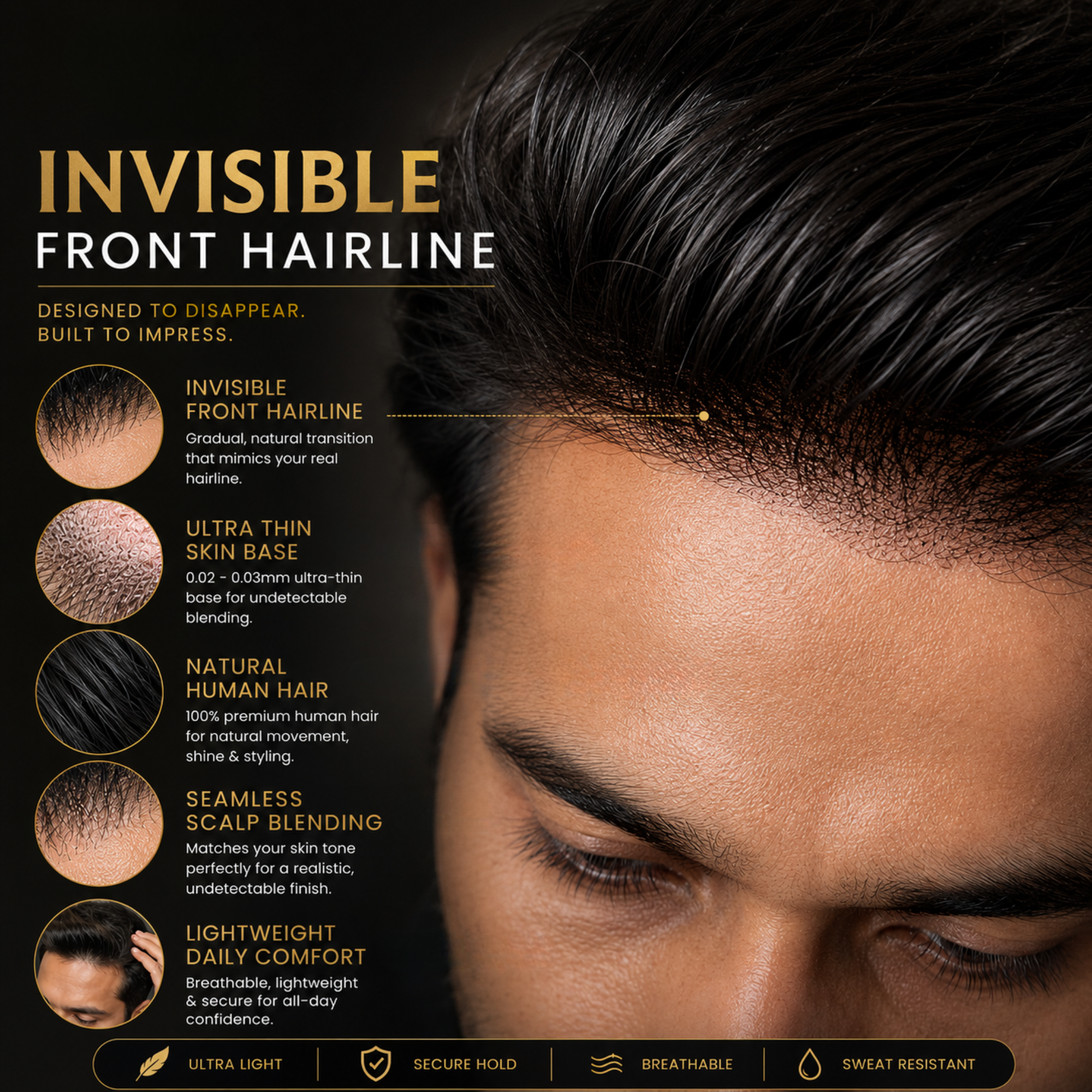 Hairzo Men’s Frontal Forehead Hair Topper Patch | Indian Human Hair Thin Skin PU Toupee for Receding Hairline | Natural V Loop Hair Replacement System for Men
