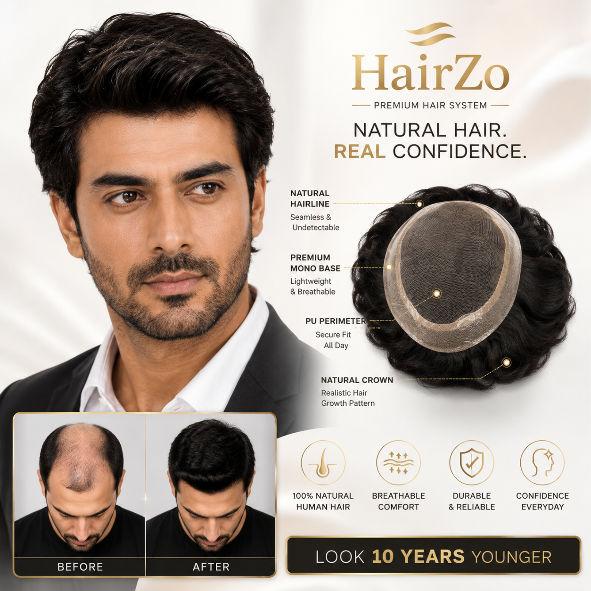 Hairzo LOS ANGELES Smart Hair Patch for Men | Real Human Hair Mono Lace Toupee with Breathable Base & Slim PU Perimeter | Natural Hair Replacement System
