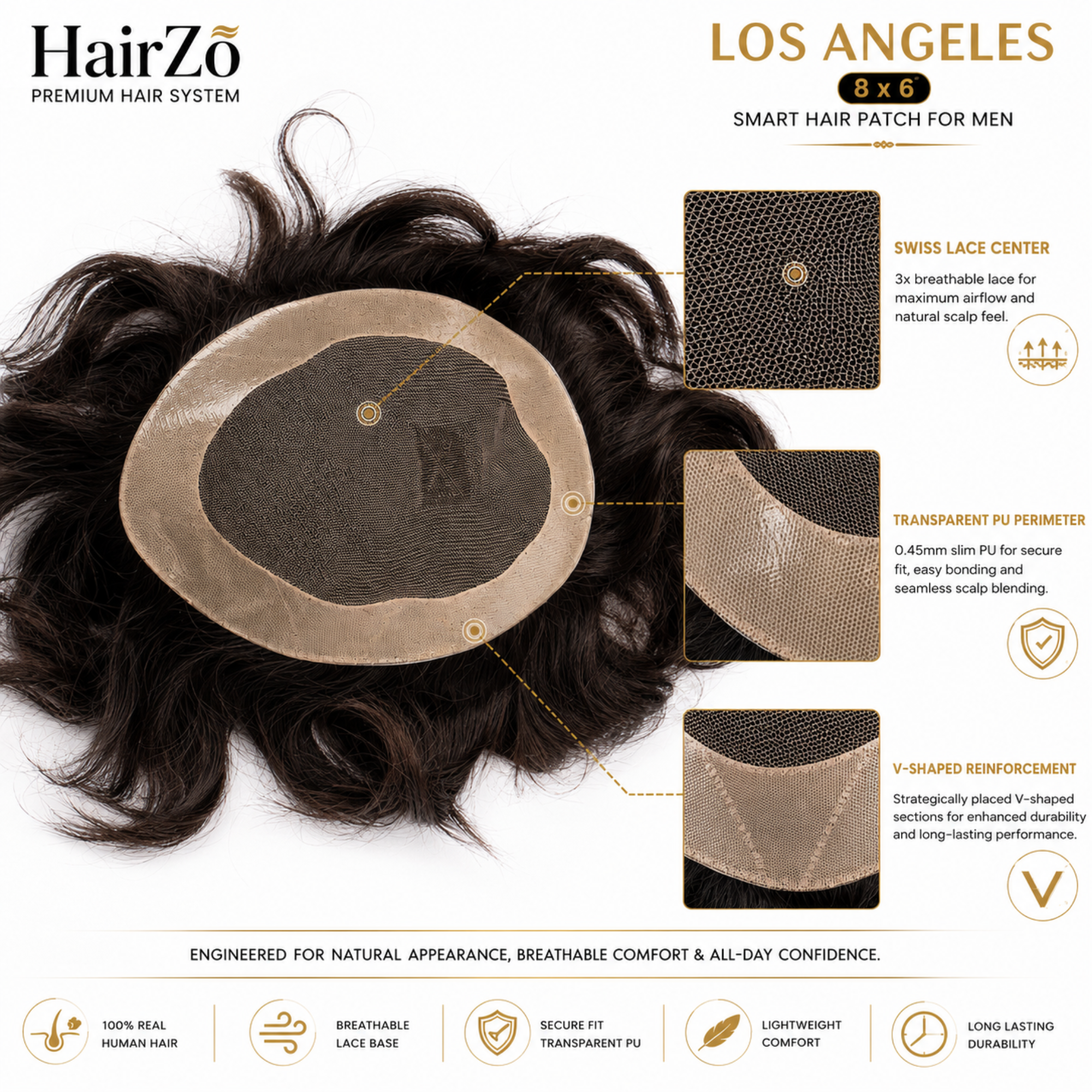 Hairzo LOS ANGELES Smart Hair Patch for Men | Real Human Hair Mono Lace Toupee with Breathable Base & Slim PU Perimeter | Natural Hair Replacement System