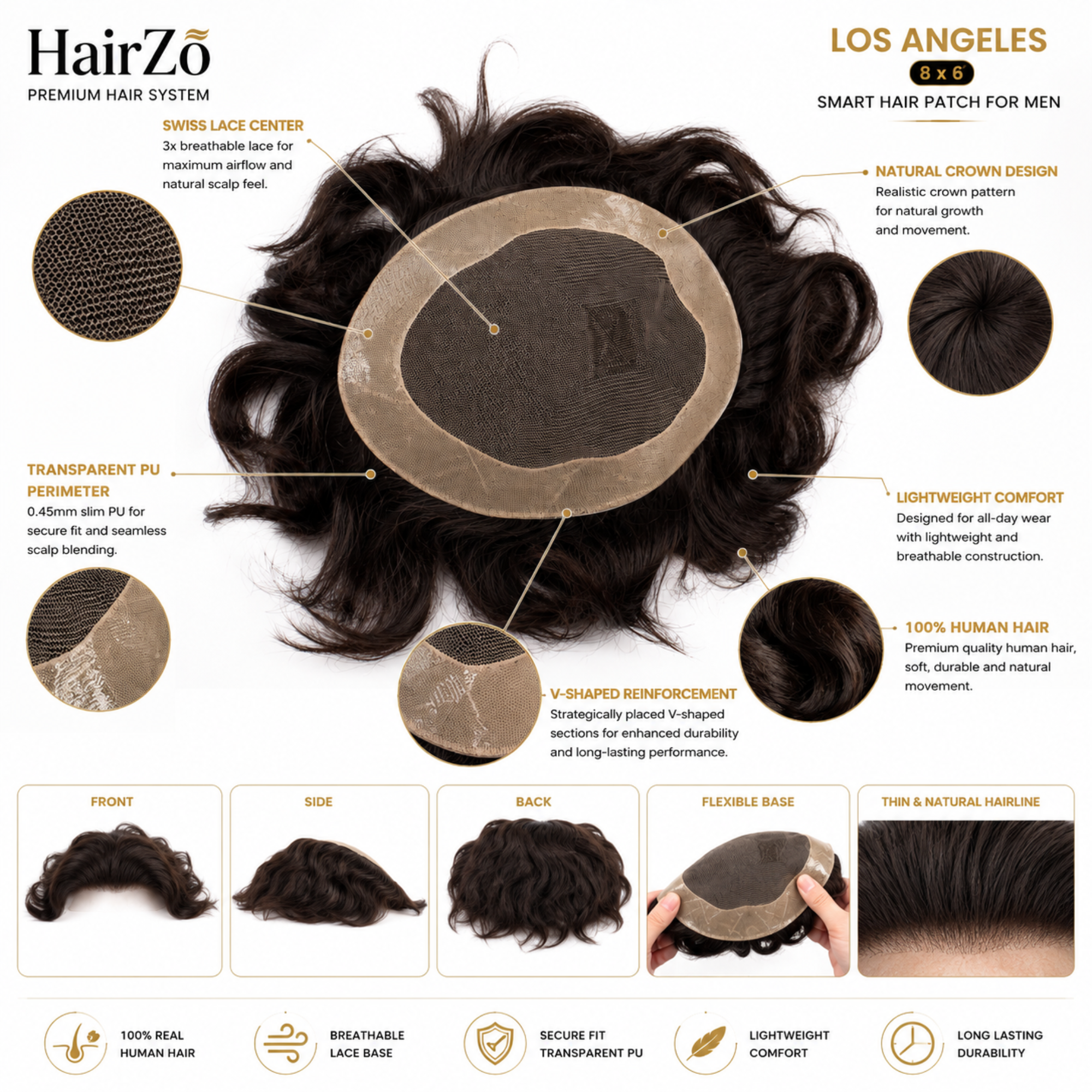 Hairzo LOS ANGELES Smart Hair Patch for Men | Real Human Hair Mono Lace Toupee with Breathable Base & Slim PU Perimeter | Natural Hair Replacement System