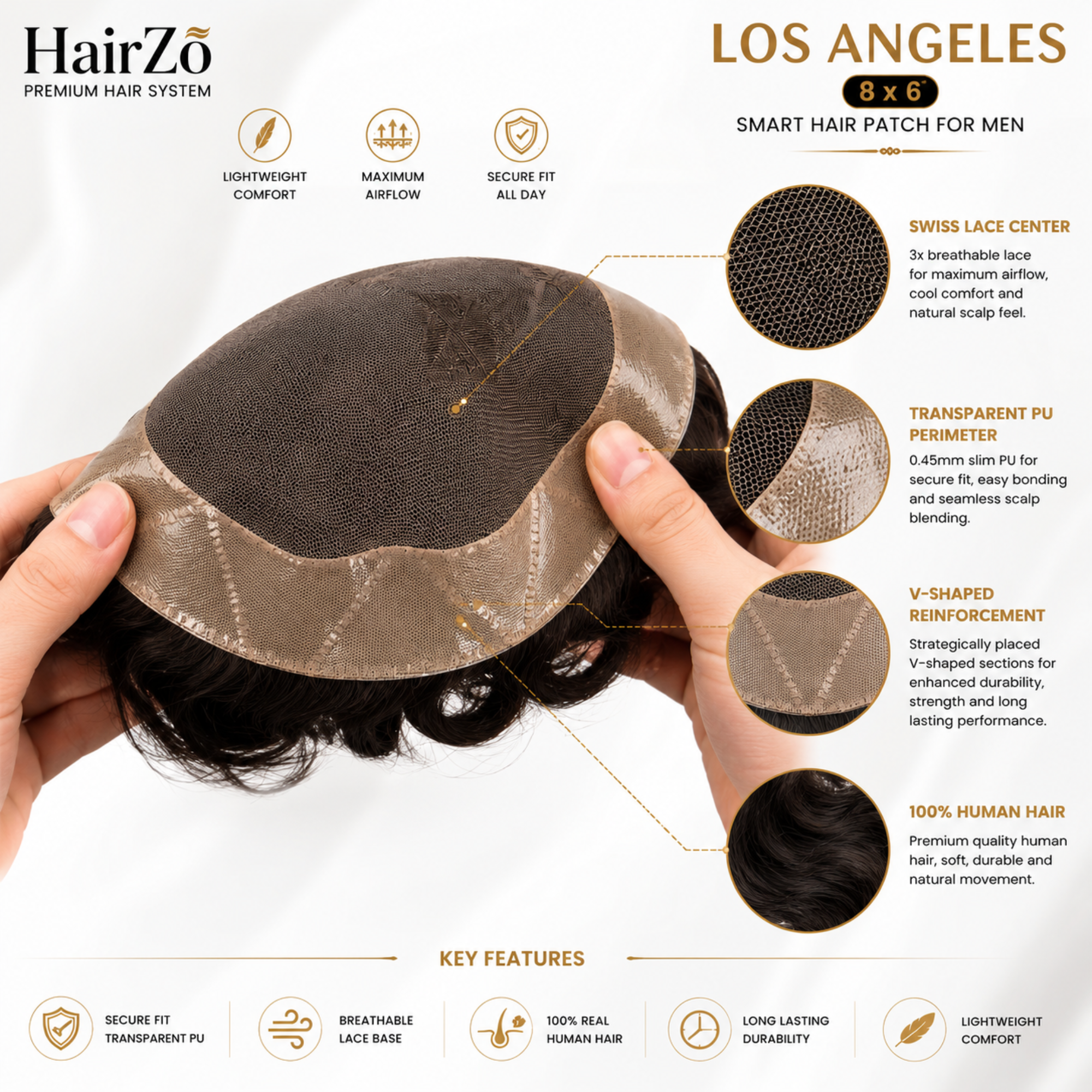 Hairzo LOS ANGELES Smart Hair Patch for Men | Real Human Hair Mono Lace Toupee with Breathable Base & Slim PU Perimeter | Natural Hair Replacement System