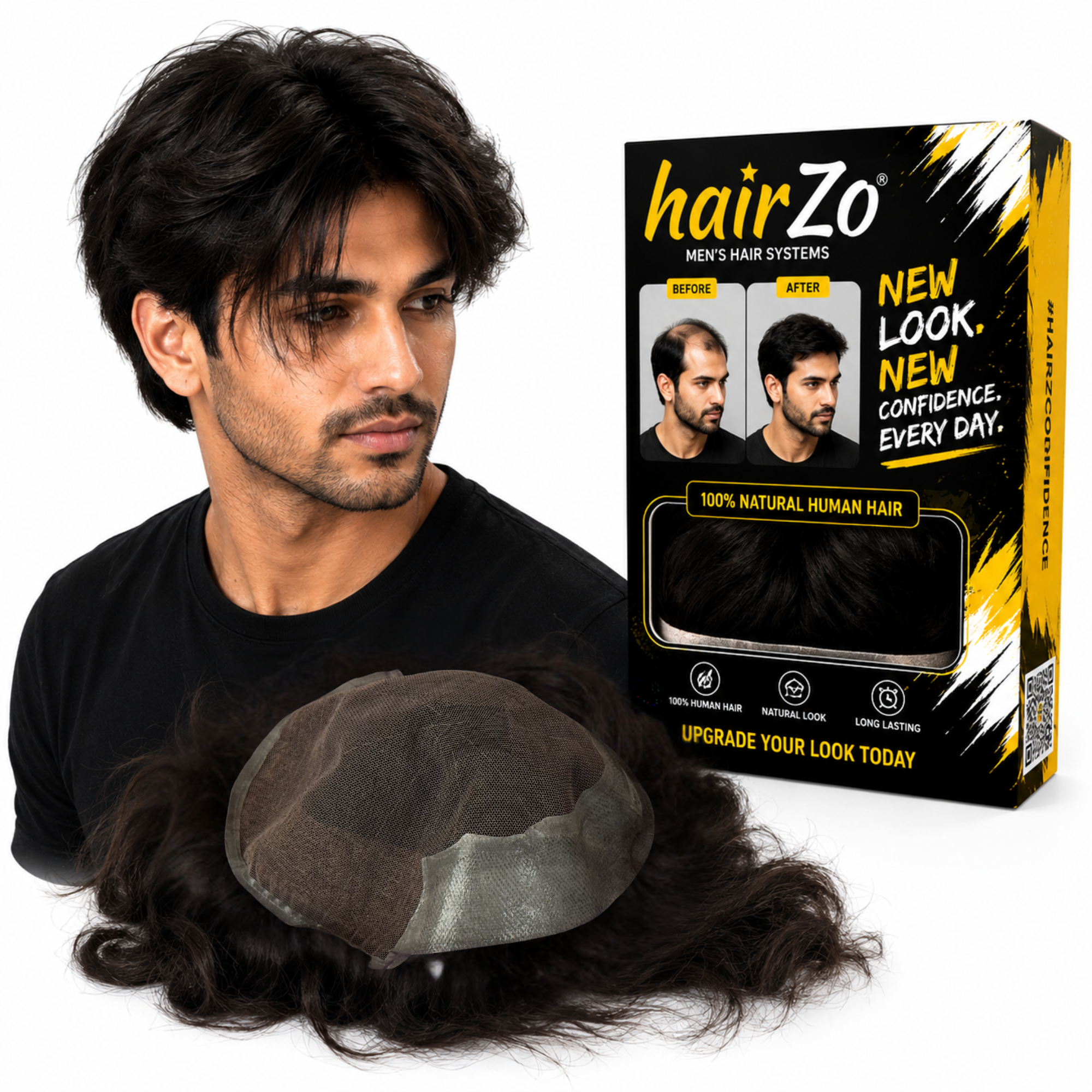 Hairzo Q6 Hair Patch for Men | French Lace Human Hair Toupee with Ultra Thin 4D Lace & Flexible PU Base | Natural Hair Replacement System for Men