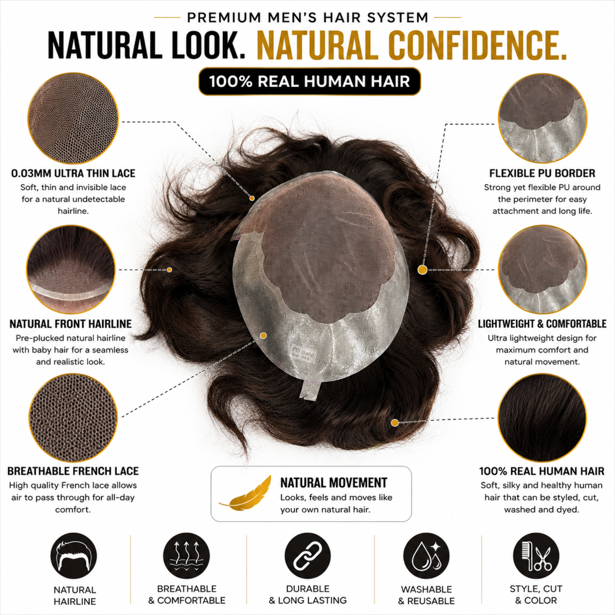 Hairzo Q6 Hair Patch for Men | French Lace Human Hair Toupee with Ultra Thin 4D Lace & Flexible PU Base | Natural Hair Replacement System for Men