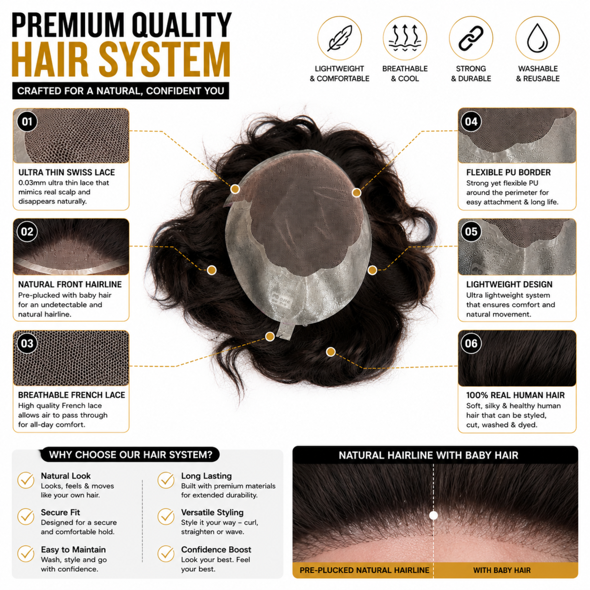 Hairzo Q6 Hair Patch for Men | French Lace Human Hair Toupee with Ultra Thin 4D Lace & Flexible PU Base | Natural Hair Replacement System for Men