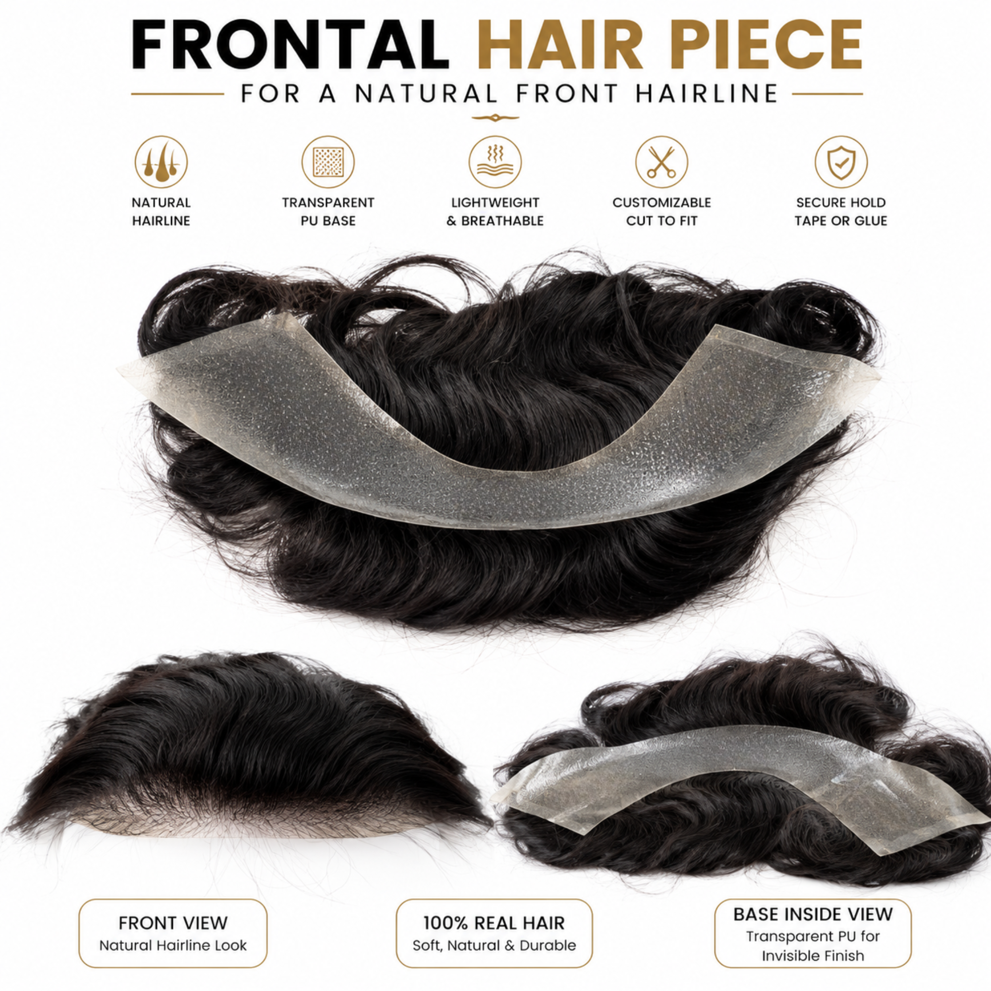 Hairzo Men’s Frontal Forehead Hair Topper Patch | Indian Human Hair Thin Skin PU Toupee for Receding Hairline | Natural V Loop Hair Replacement System for Men