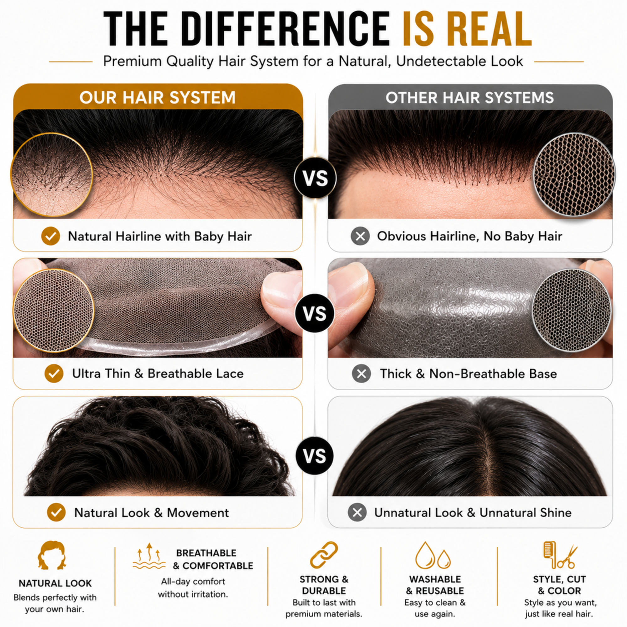 Hairzo Q6 Hair Patch for Men | French Lace Human Hair Toupee with Ultra Thin 4D Lace & Flexible PU Base | Natural Hair Replacement System for Men