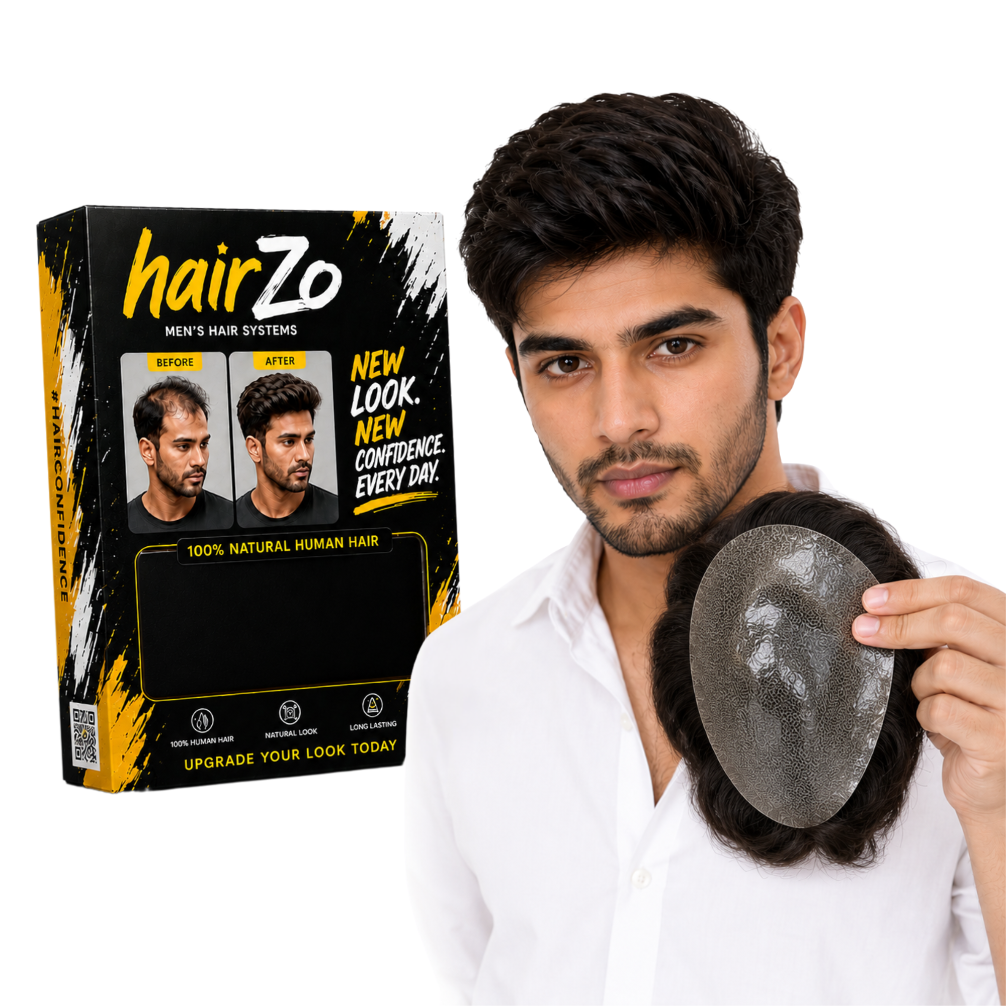 Hairzo POLYFUSE Hair Patch for Men | Ultra Thin Full Poly Skin Human Hair Toupee with 360° PU Base | Natural Hair Replacement System for Men