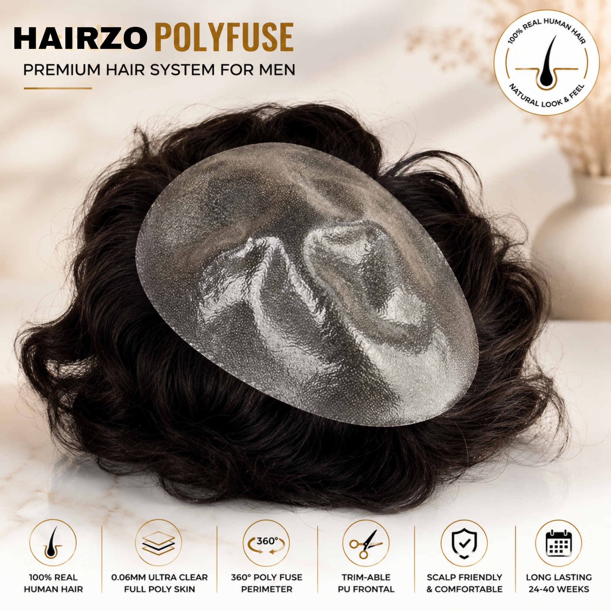 Hairzo POLYFUSE Hair Patch for Men | Ultra Thin Full Poly Skin Human Hair Toupee with 360° PU Base | Natural Hair Replacement System for Men