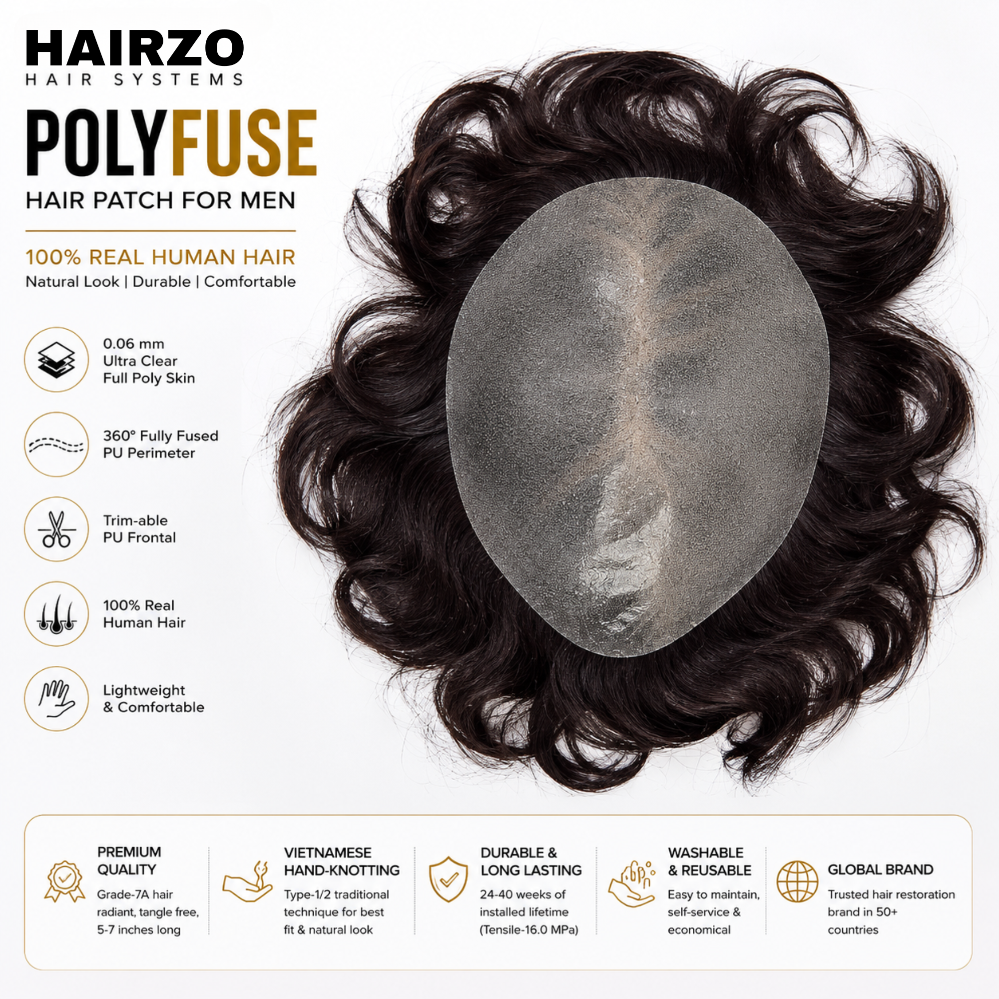 Hairzo POLYFUSE Hair Patch for Men | Ultra Thin Full Poly Skin Human Hair Toupee with 360° PU Base | Natural Hair Replacement System for Men