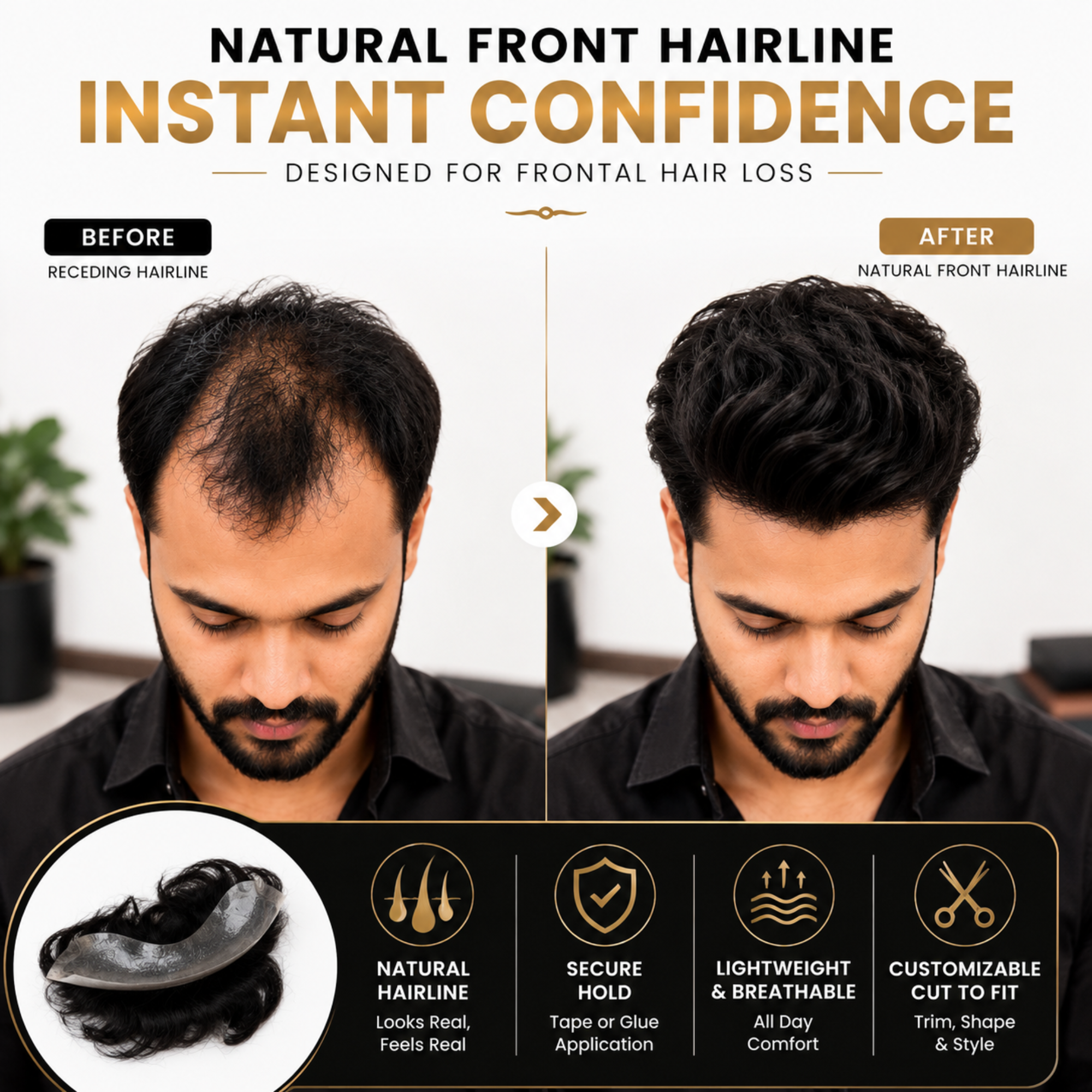 Hairzo Men’s Frontal Forehead Hair Topper Patch | Indian Human Hair Thin Skin PU Toupee for Receding Hairline | Natural V Loop Hair Replacement System for Men