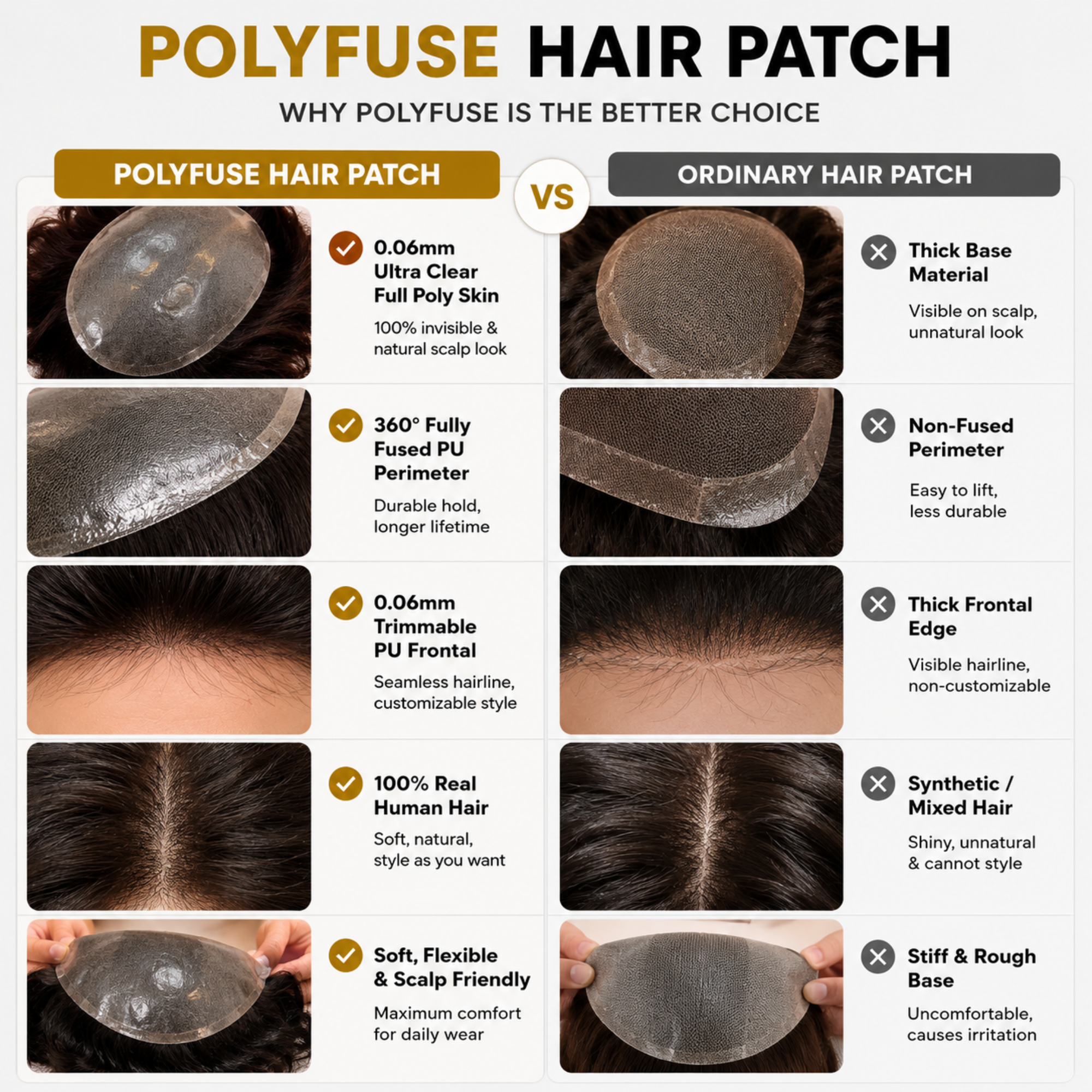 Hairzo POLYFUSE Hair Patch for Men | Ultra Thin Full Poly Skin Human Hair Toupee with 360° PU Base | Natural Hair Replacement System for Men