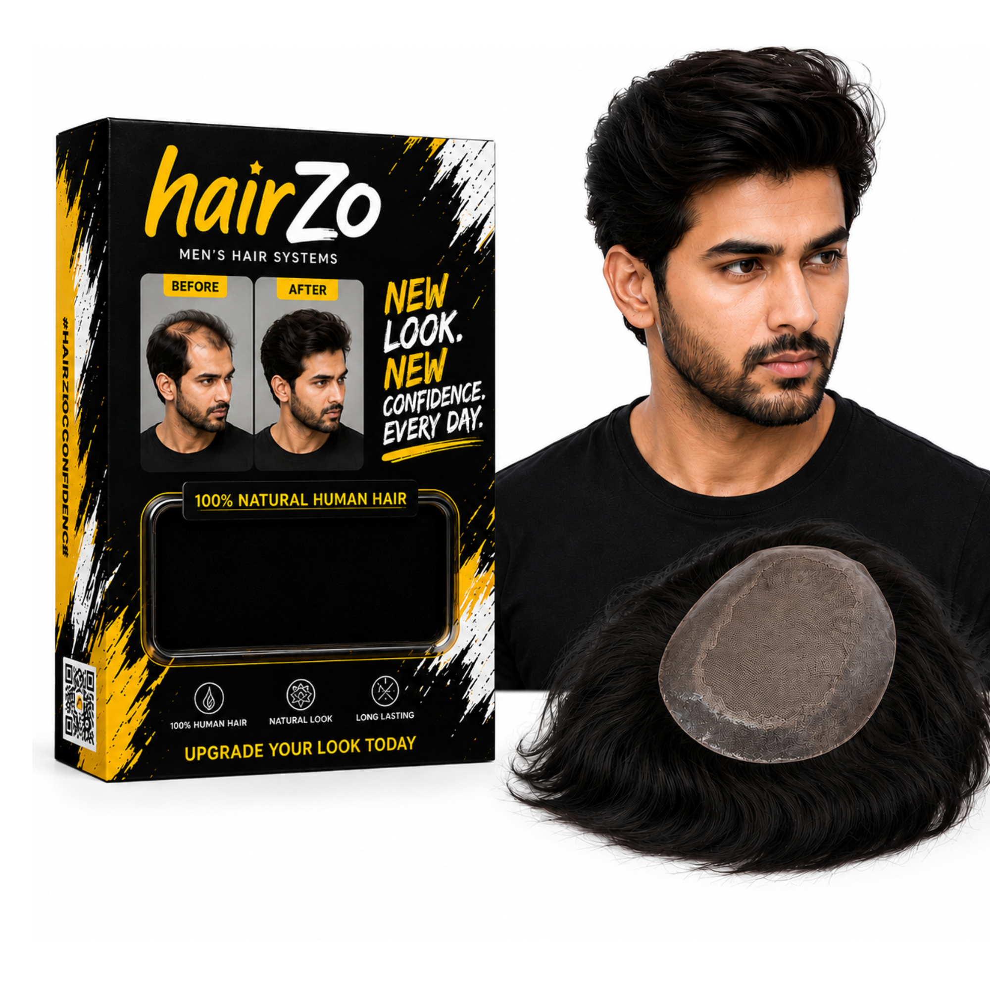 Hairzo BMW Smart Hair Patch for Men | 100% Real Human Hair Toupee with 3X Optical Base & Slim PU Perimeter | Natural Hair Replacement System for Bald Men