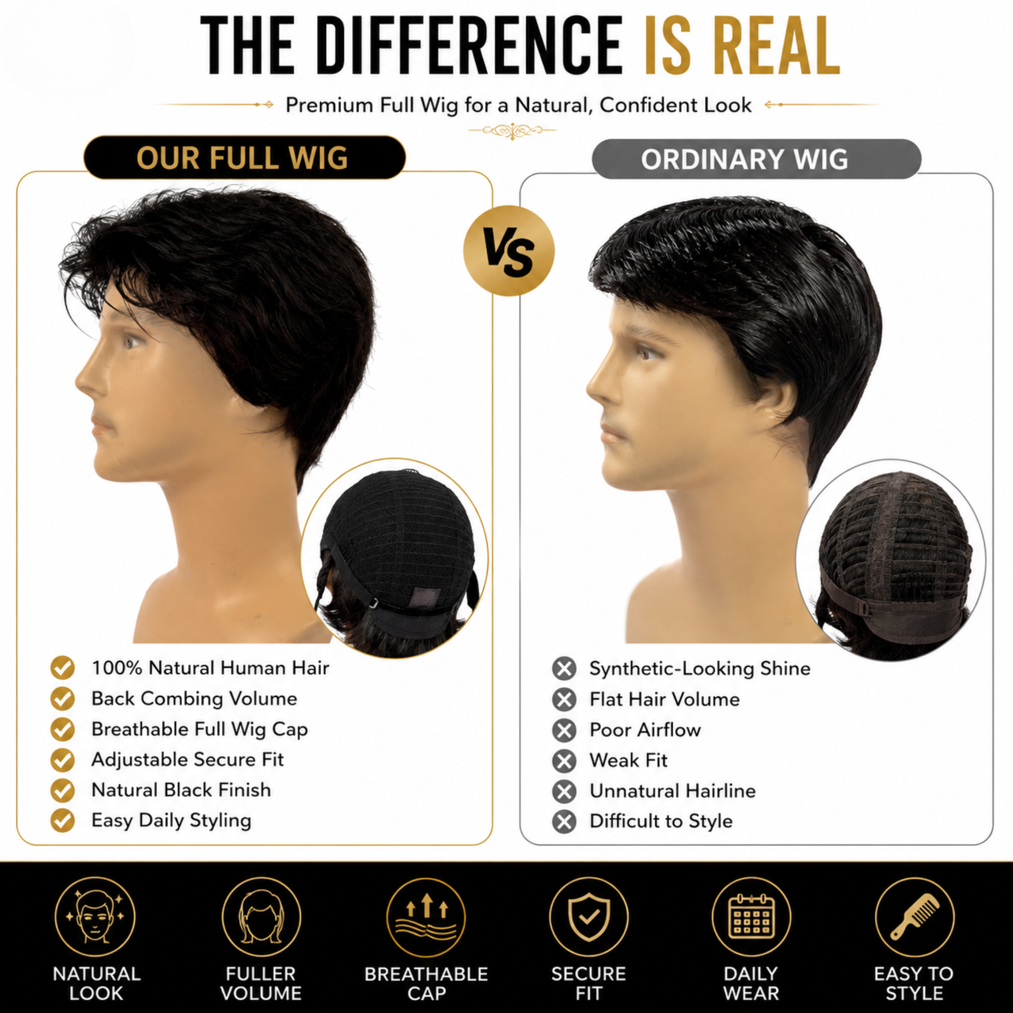 Hairzo Imported Back Combing Men's Full Wig | 100% Human Hair Full Wig for Men | Natural Looking Hair Replacement Wig with Adjustable Fit