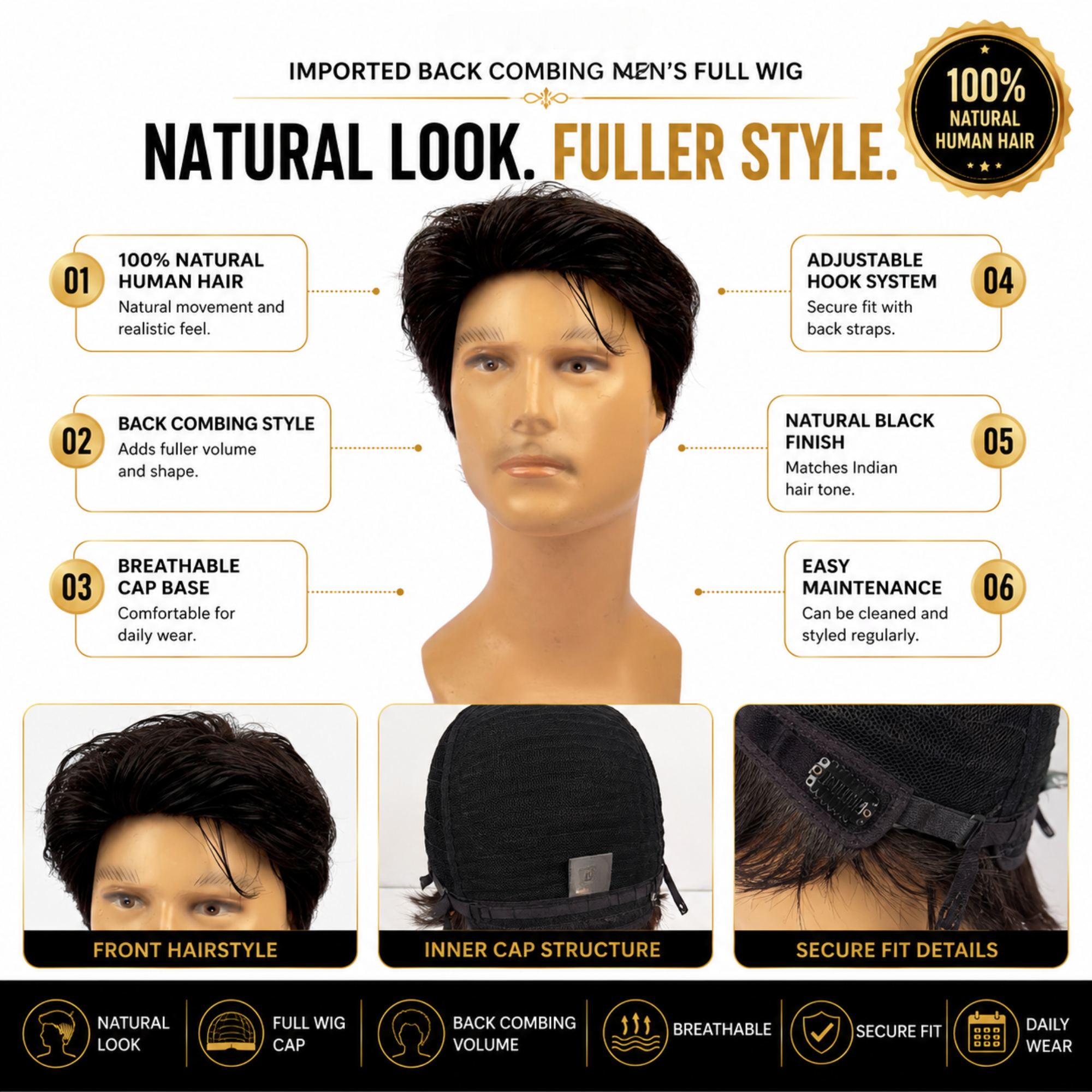 Hairzo Imported Back Combing Men's Full Wig | 100% Human Hair Full Wig for Men | Natural Looking Hair Replacement Wig with Adjustable Fit