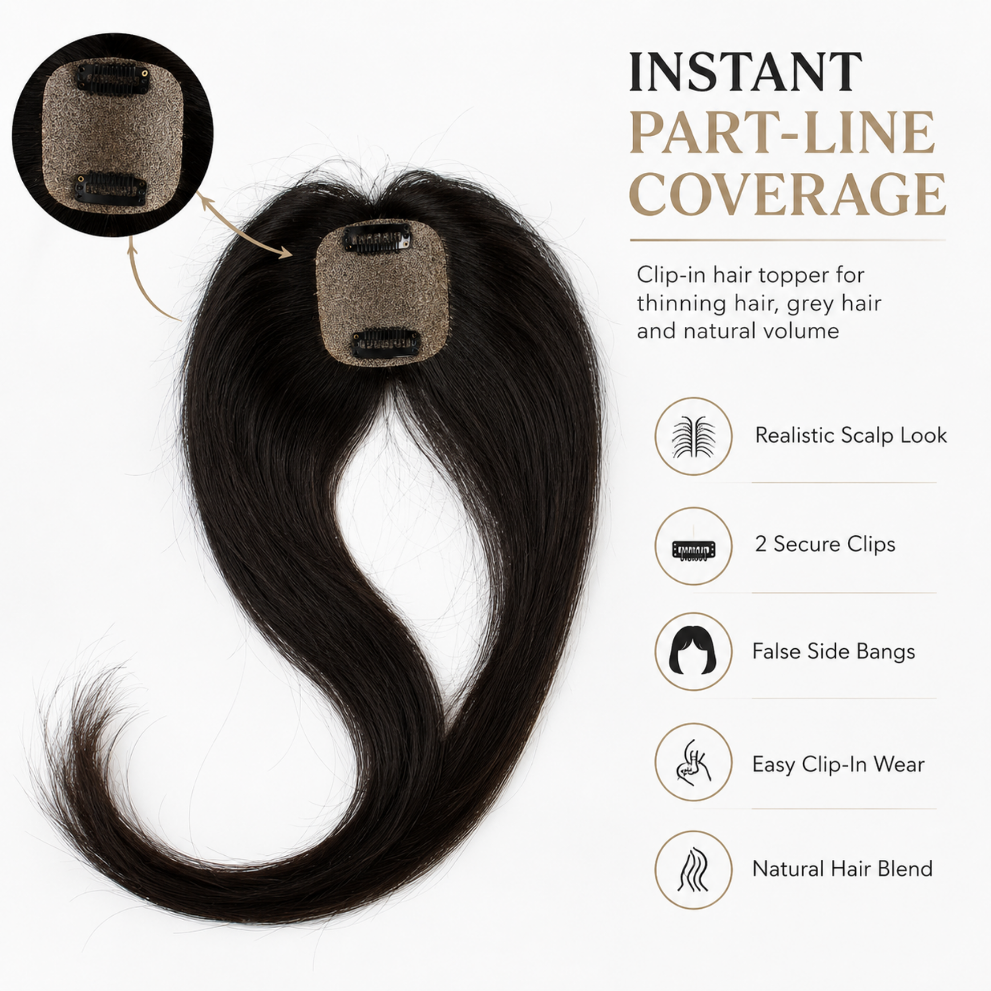 Hairzo Silk Base Hair Topper with Side Bangs | Clip-In Hair Topper for Thinning Hair, Grey Hair & Root Coverage | Natural Looking Hairpiece for Men & Women