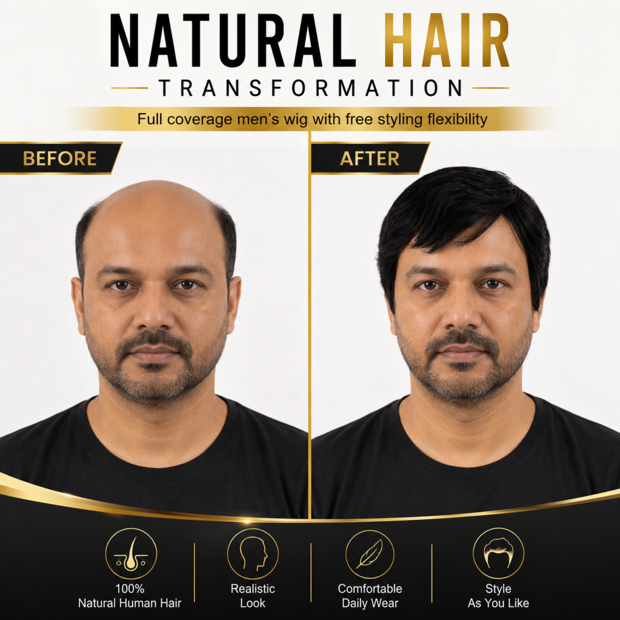 Hairzo Free Styling Men's Wig | 100% Human Hair Full Wig for Men | Natural Looking Hair Replacement Wig with Styling Freedom