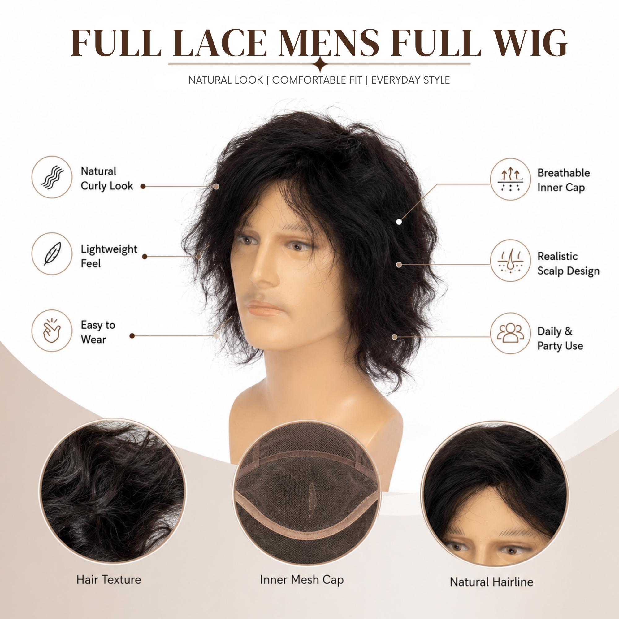 Hairzo Full Lace Human Hair Patch for Men | 100% Human Hair Toupee with Natural Hairline | Breathable Full Lace Hair Replacement System with Free Front Lace Tape