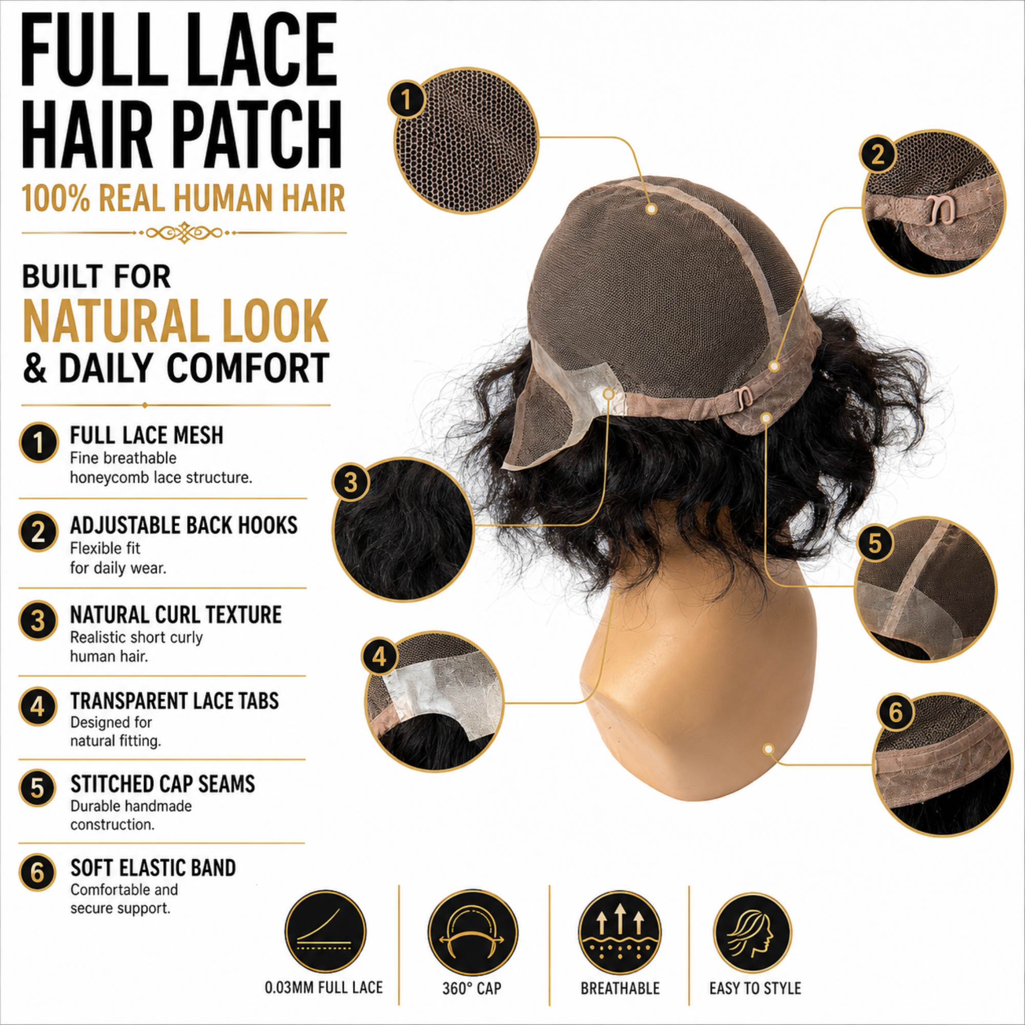 Hairzo Full Lace Skin Mesh Men's Full Wig | 100% Indian Remy Human Hair Wig with Adjustable Band | Breathable Full Coverage Hair Replacement System for Men