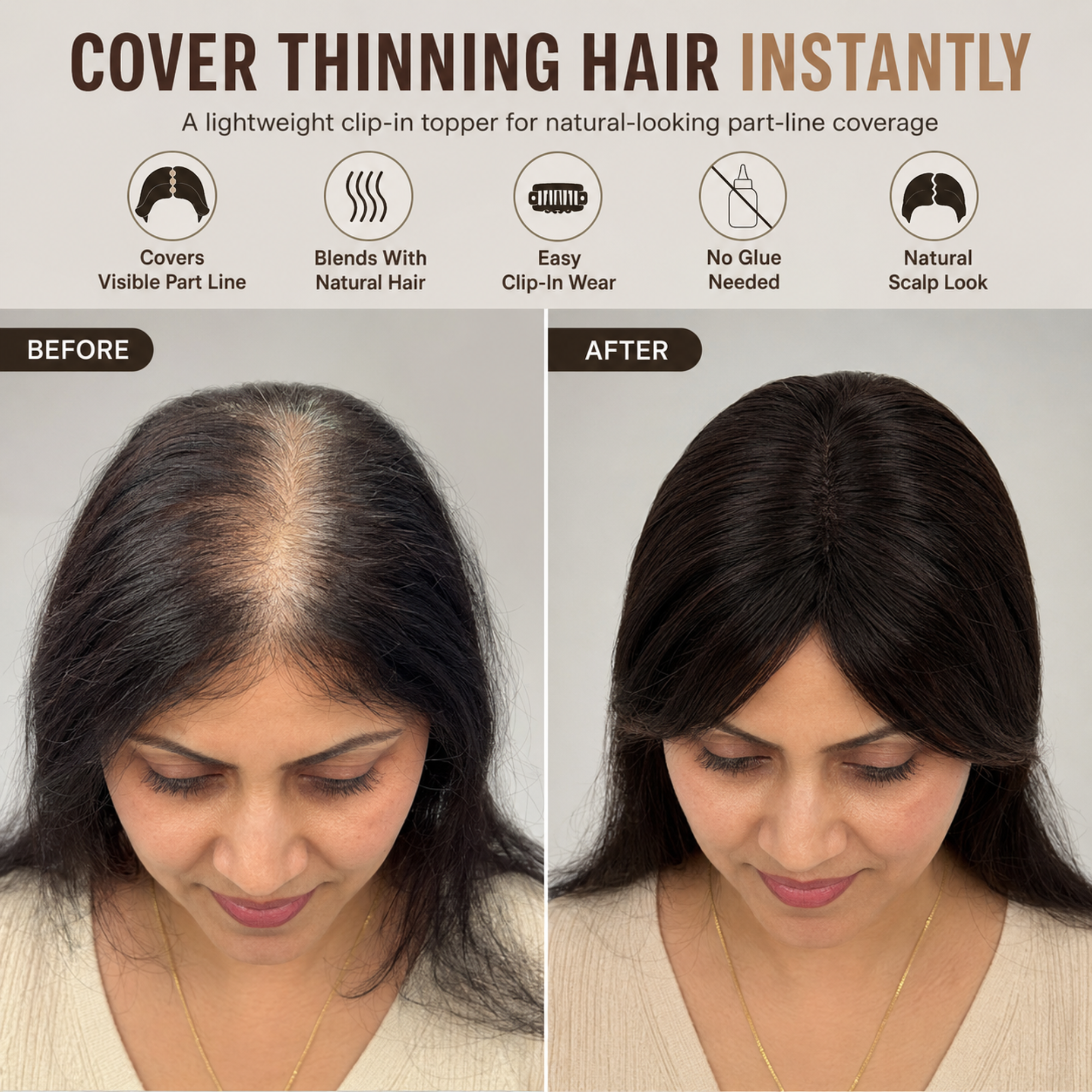 Hairzo Silk Base Hair Topper with Side Bangs | Clip-In Hair Topper for Thinning Hair, Grey Hair & Root Coverage | Natural Looking Hairpiece for Men & Women