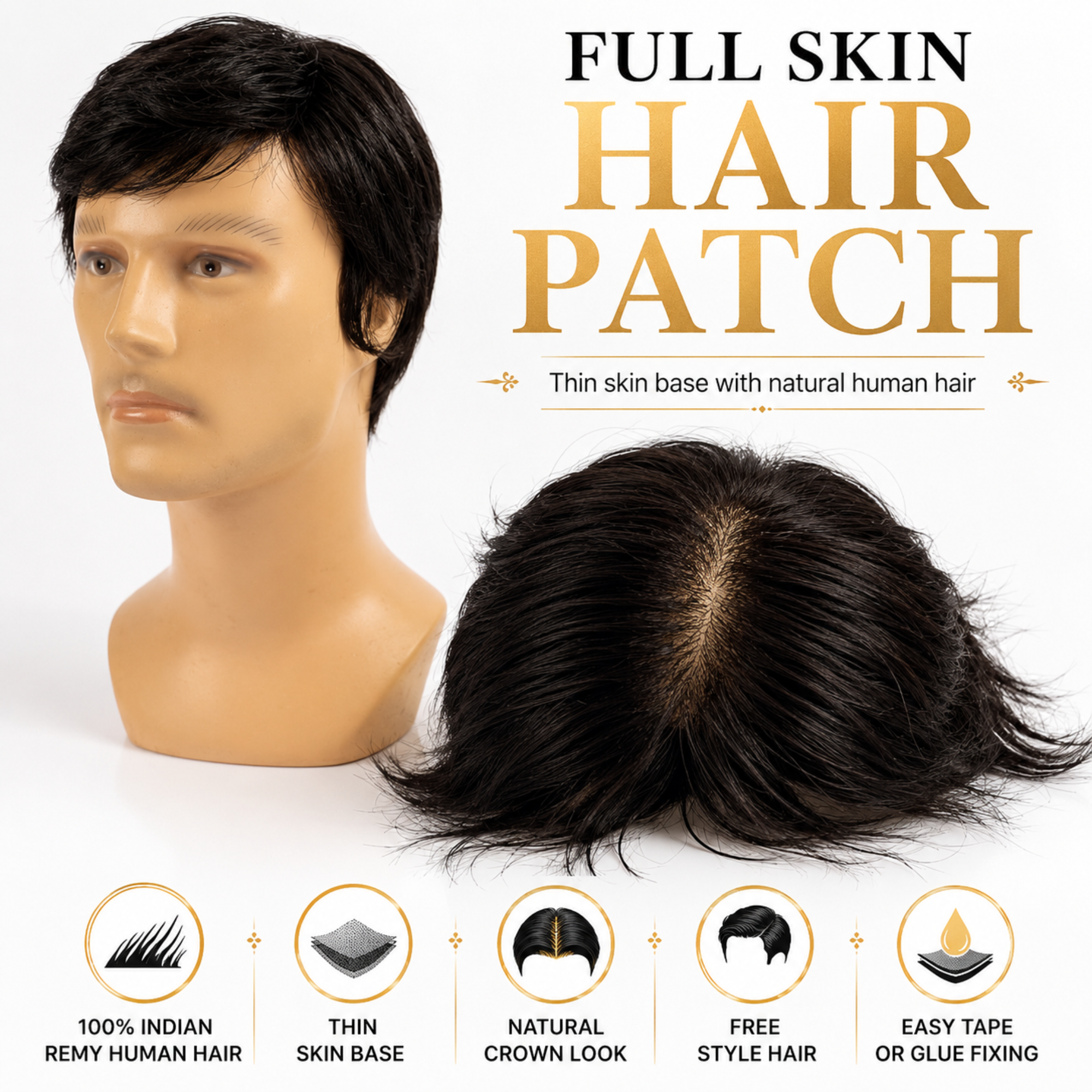Hairzo SKIN MULTI COMBING Hair Patch for Men | 100% Indian Remy Human Hair Skin Base Hair Replacement System with Clip & Adjustable Band