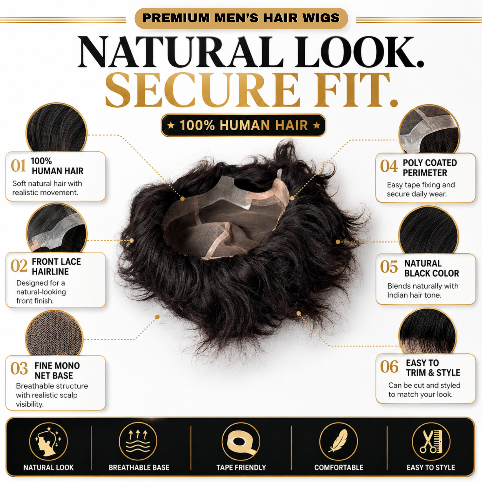 Hairzo Premium Front Lace Monofilament Hair wigs for Men | 100% Indian Remy Human Hair Toupee with Fine Mono Net & PU Coated Base