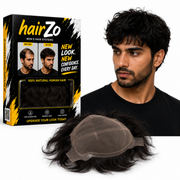 Hairzo Full Lace Human Hair Patch for Men | 100% Human Hair Toupee with Natural Hairline | Breathable Full Lace Hair Replacement System with Free Front Lace Tape