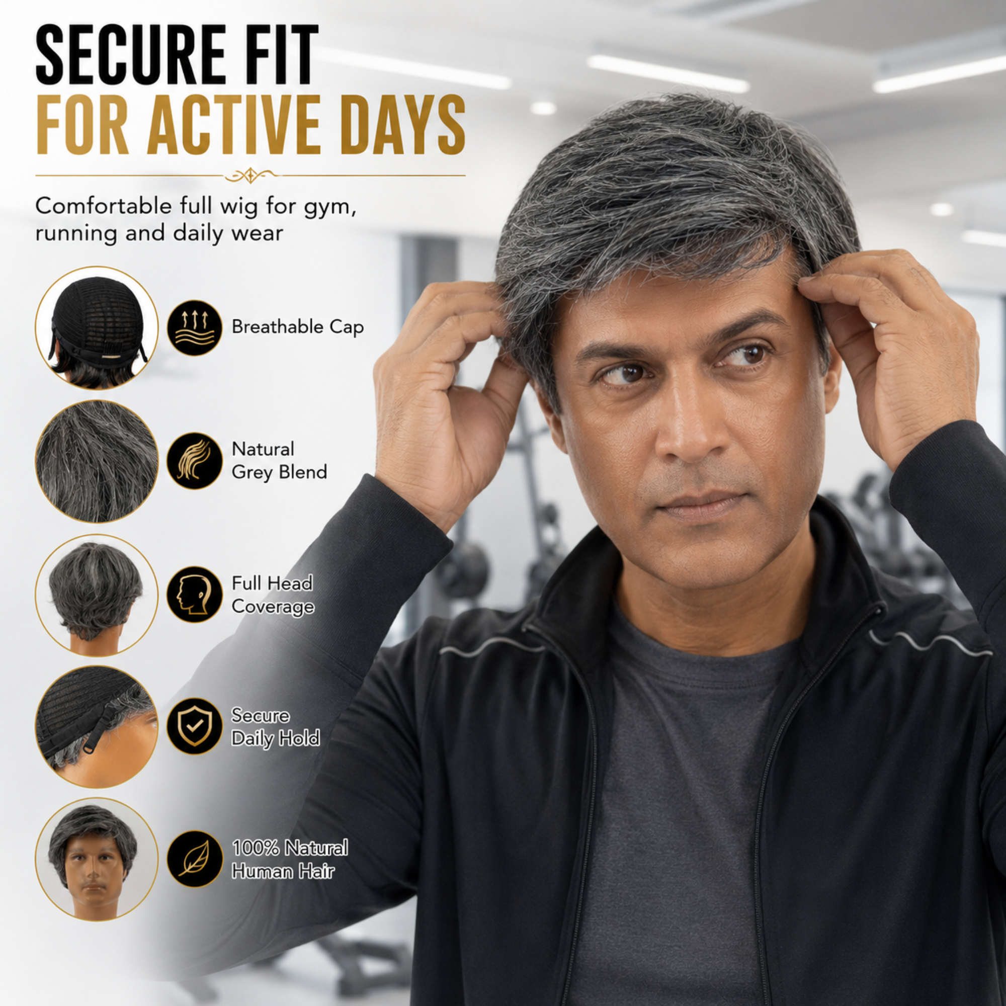 Hairzo Salt & Pepper Grey Men's Full Wig | 100% Human Hair Full Wig for Men | Natural Grey Blend Hair Replacement Wig with Adjustable Fit