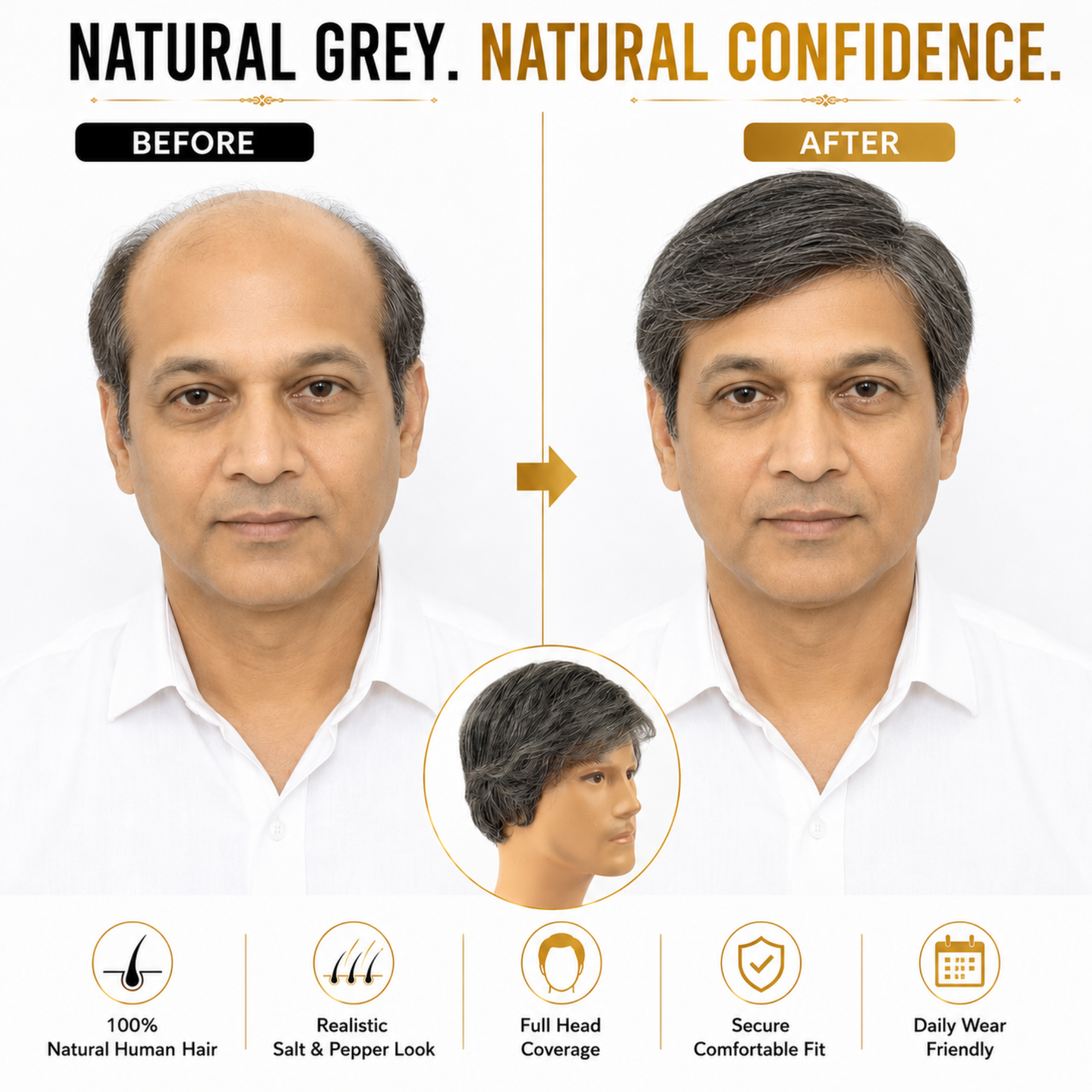 Hairzo Salt & Pepper Grey Men's Full Wig | 100% Human Hair Full Wig for Men | Natural Grey Blend Hair Replacement Wig with Adjustable Fit