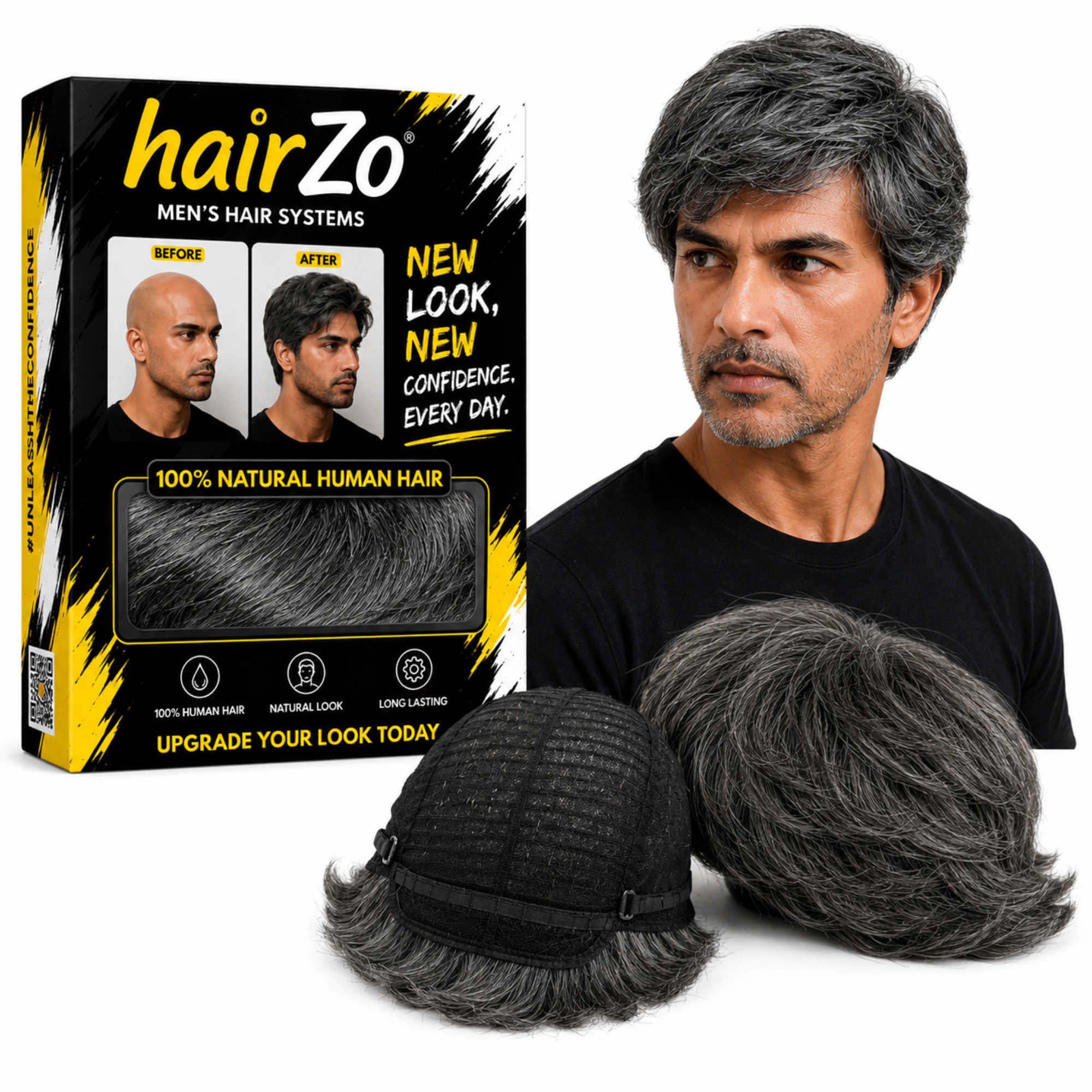 Hairzo Salt & Pepper Grey Men's Full Wig | 100% Human Hair Full Wig for Men | Natural Grey Blend Hair Replacement Wig with Adjustable Fit