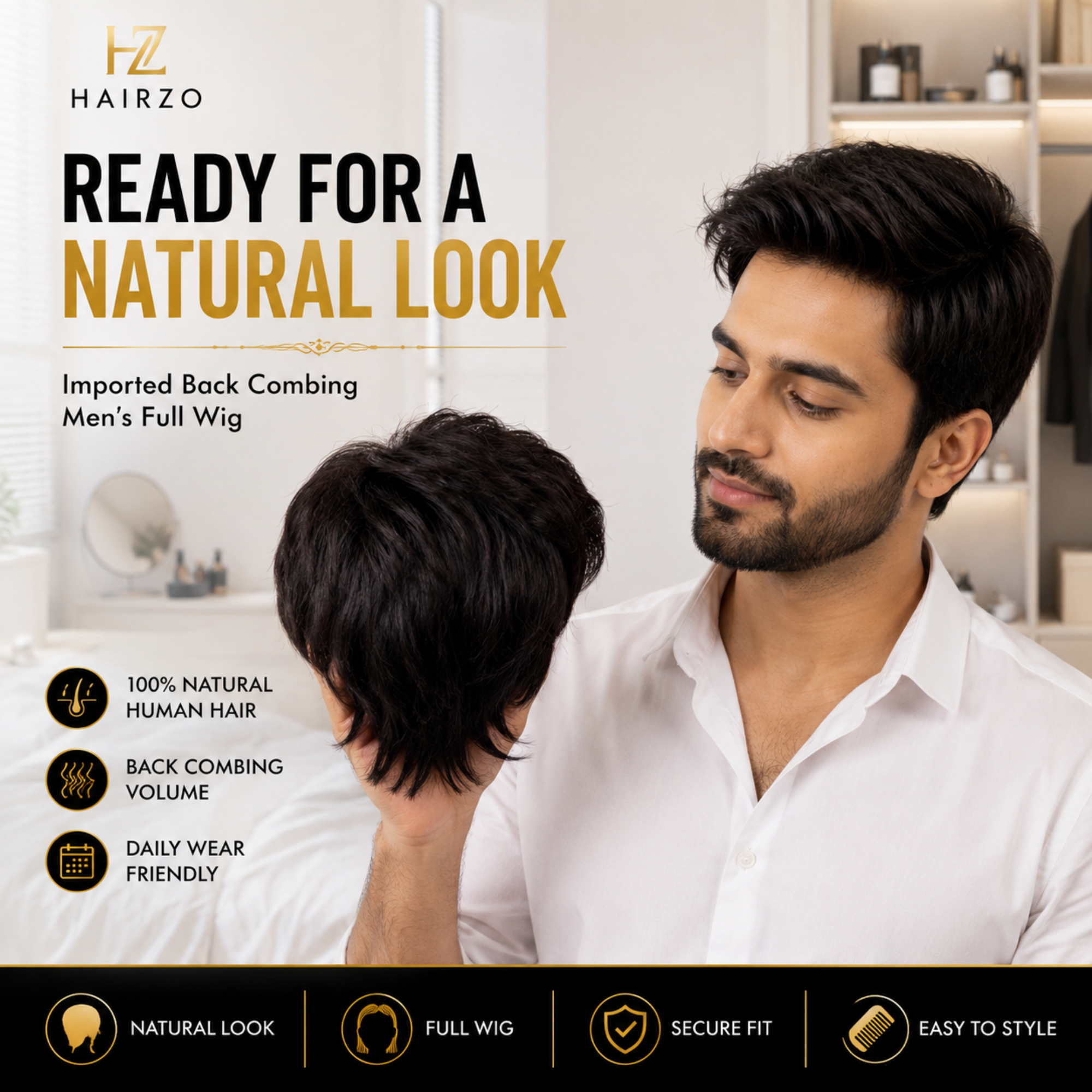 Hairzo Imported Back Combing Men's Full Wig | 100% Human Hair Full Wig for Men | Natural Looking Hair Replacement Wig with Adjustable Fit