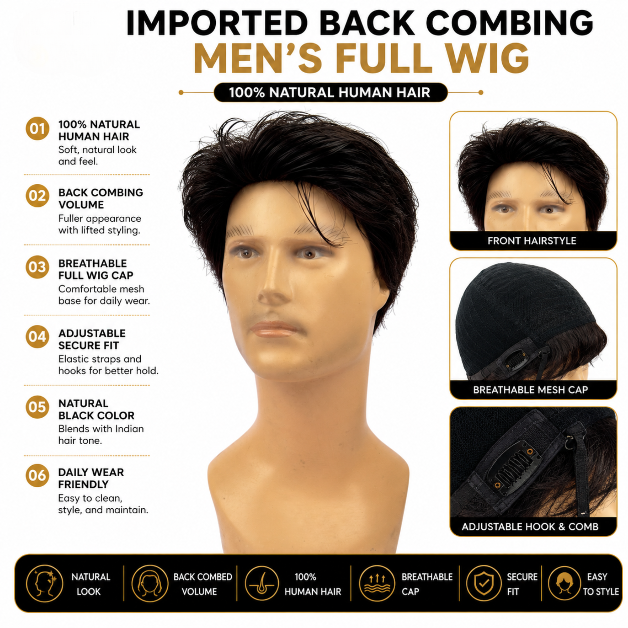 Hairzo Imported Back Combing Men's Full Wig | 100% Human Hair Full Wig for Men | Natural Looking Hair Replacement Wig with Adjustable Fit