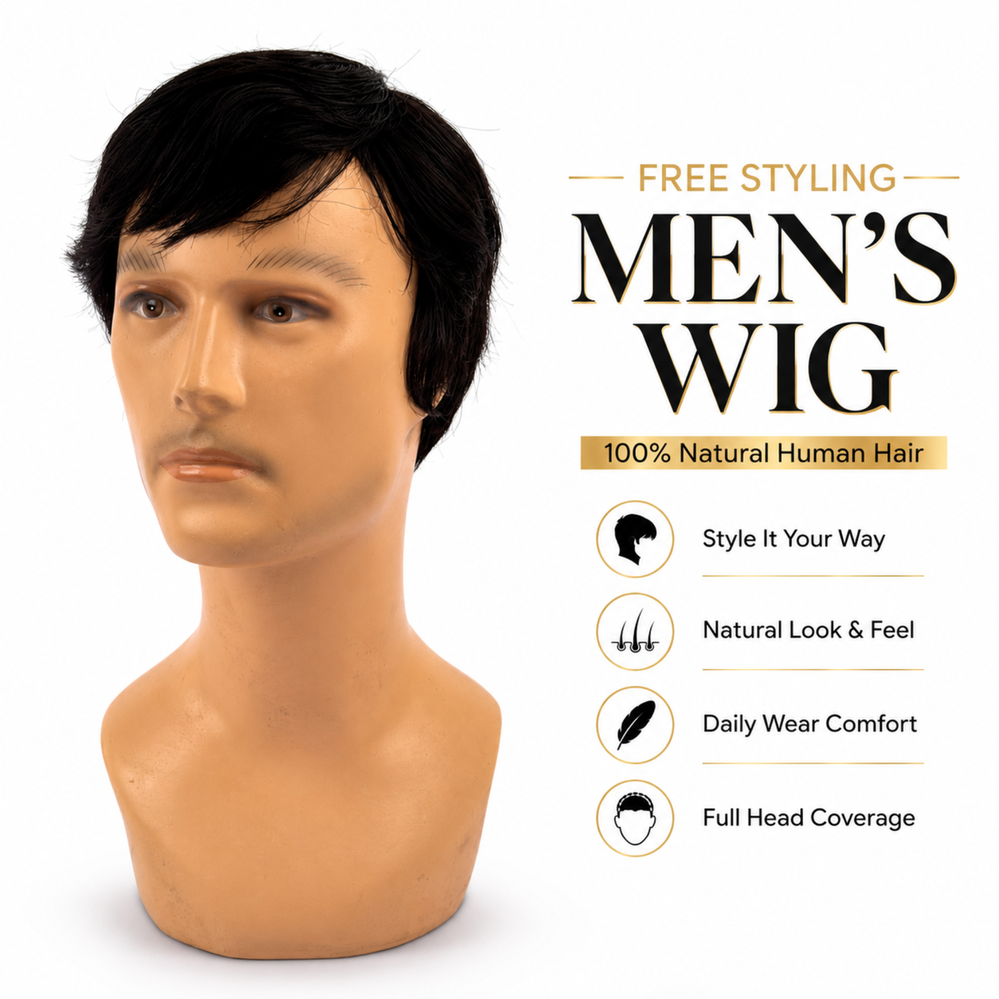 Hairzo Free Styling Men's Wig | 100% Human Hair Full Wig for Men | Natural Looking Hair Replacement Wig with Styling Freedom