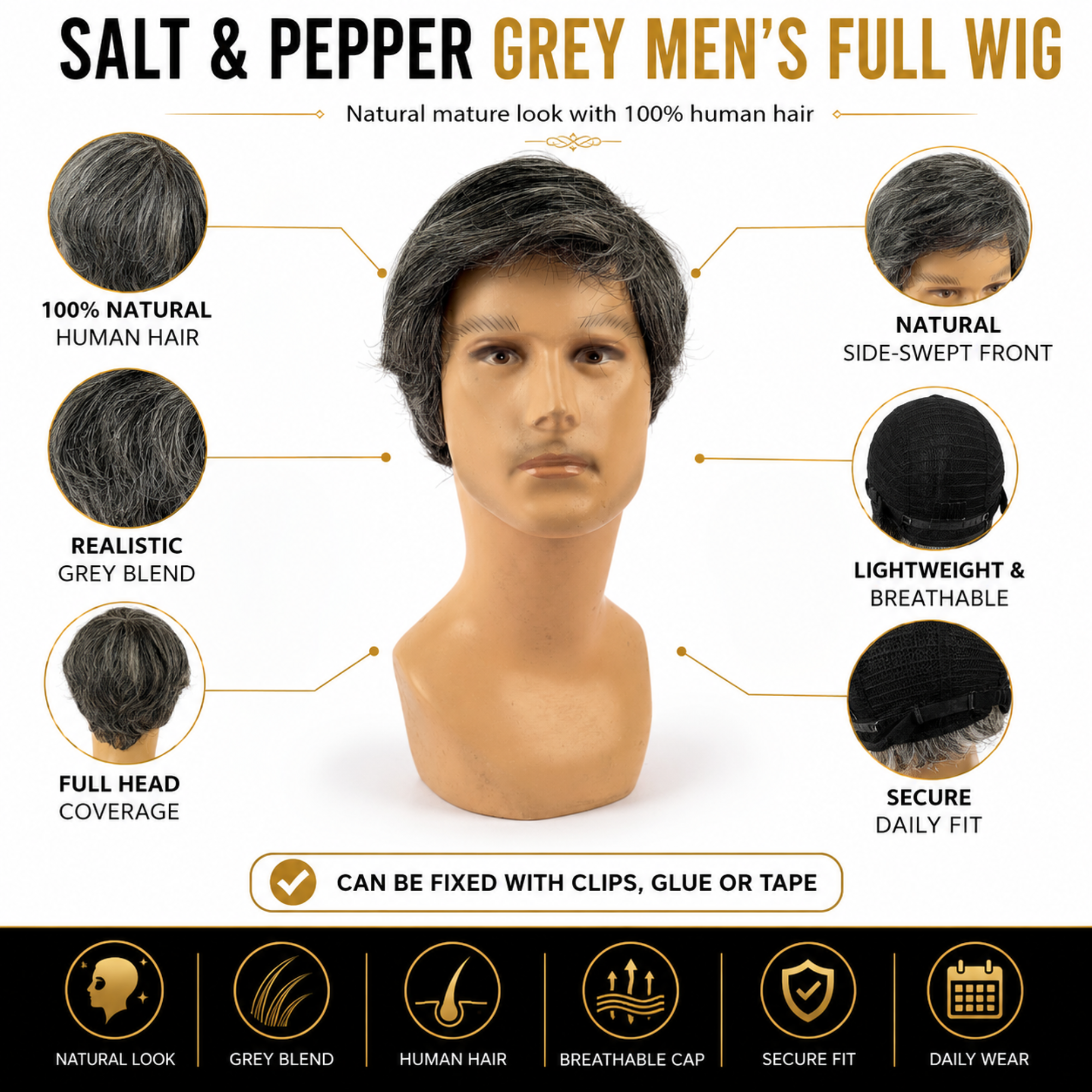 Hairzo Salt & Pepper Grey Men's Full Wig | 100% Human Hair Full Wig for Men | Natural Grey Blend Hair Replacement Wig with Adjustable Fit