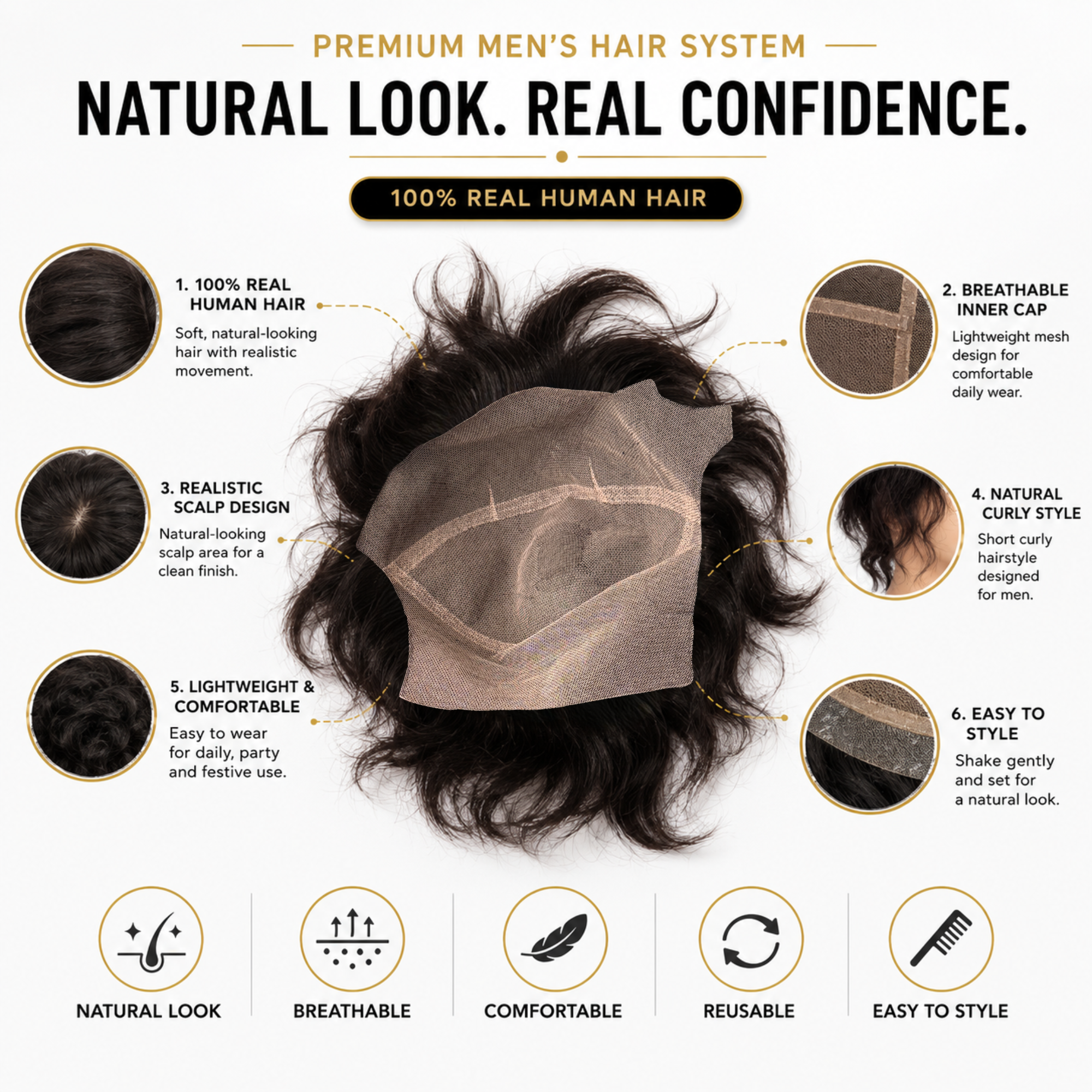 Hairzo Full Lace Human Hair Patch for Men | 100% Human Hair Toupee with Natural Hairline | Breathable Full Lace Hair Replacement System with Free Front Lace Tape