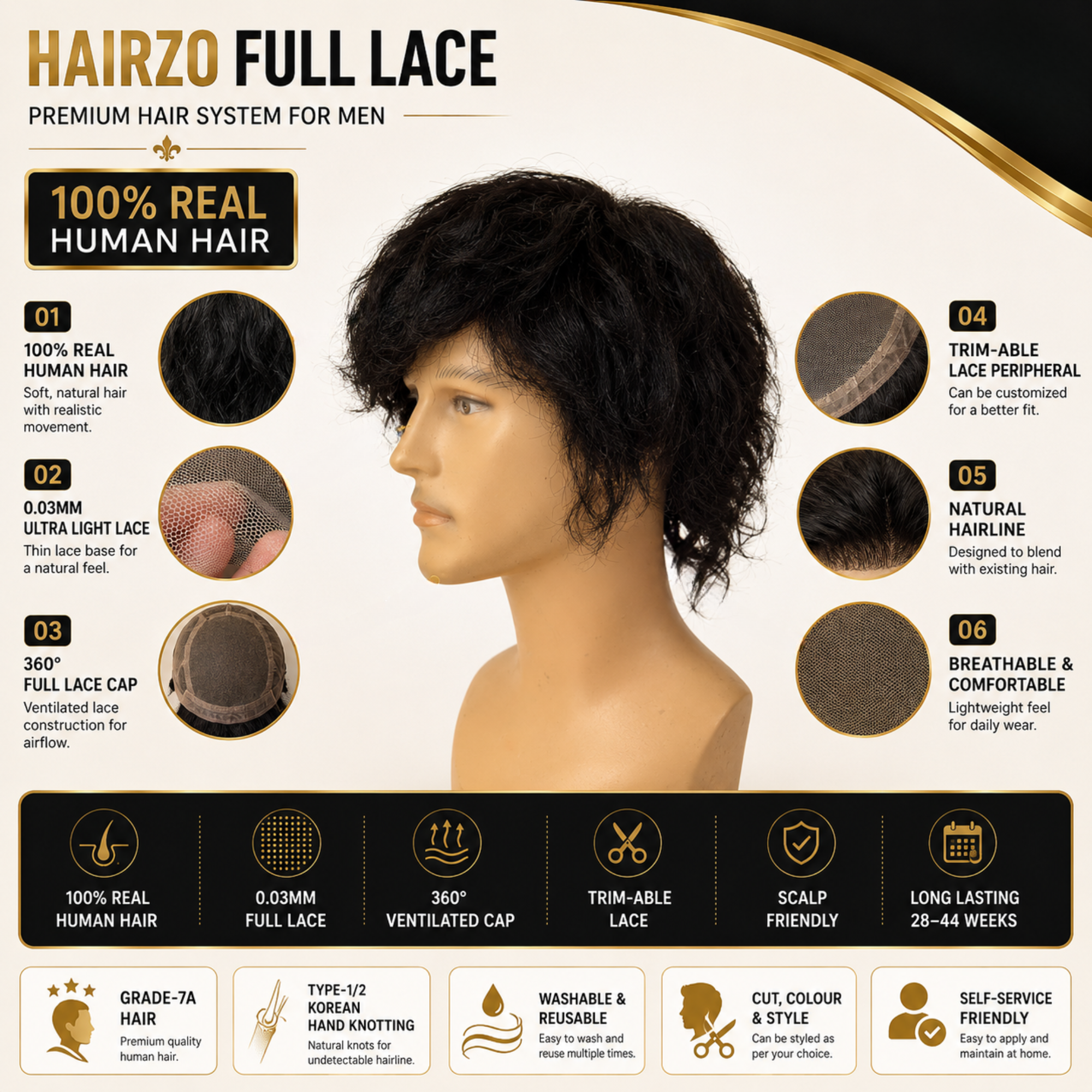 Hairzo Full Lace Skin Mesh Men's Full Wig | 100% Indian Remy Human Hair Wig with Adjustable Band | Breathable Full Coverage Hair Replacement System for Men