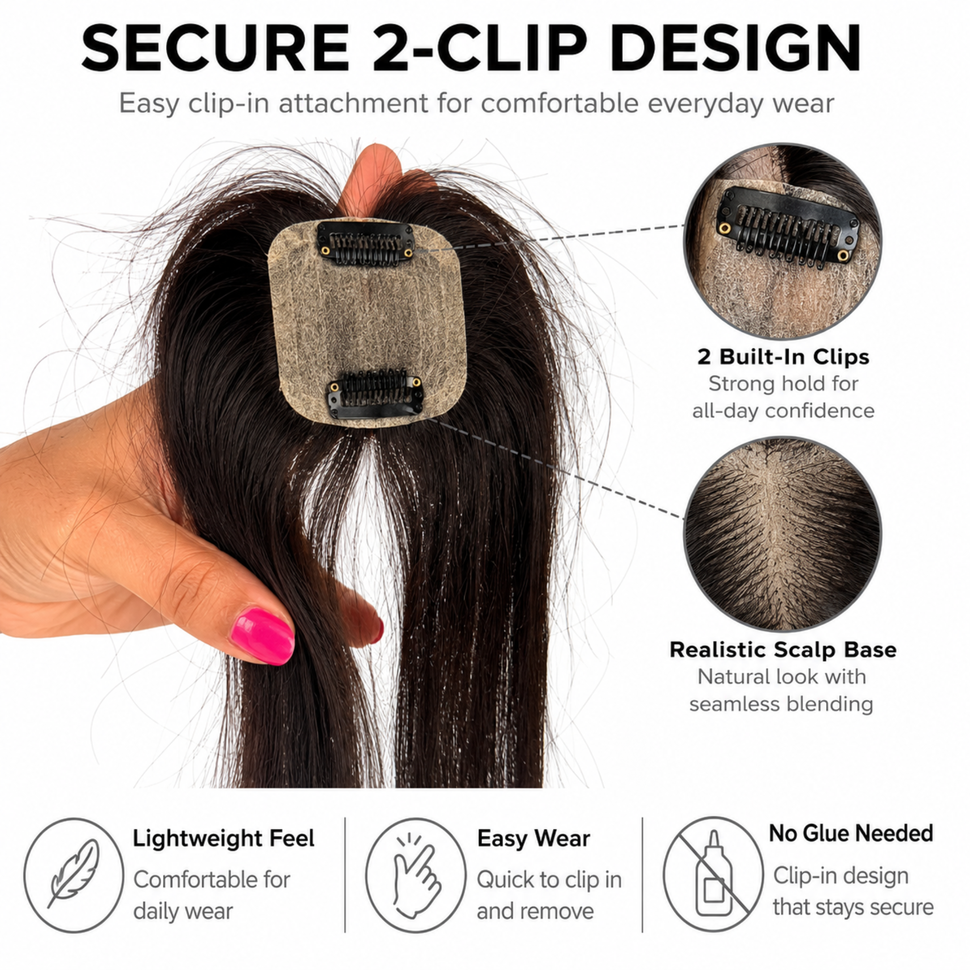 Hairzo Silk Base Hair Topper with Side Bangs | Clip-In Hair Topper for Thinning Hair, Grey Hair & Root Coverage | Natural Looking Hairpiece for Men & Women
