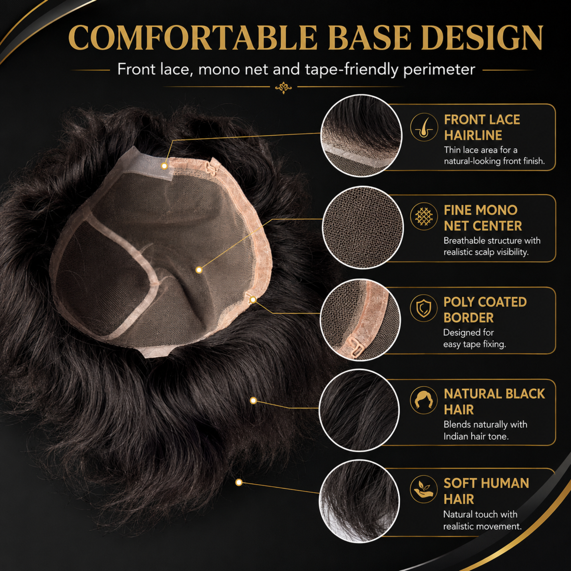 Hairzo Premium Front Lace Monofilament Hair wigs for Men | 100% Indian Remy Human Hair Toupee with Fine Mono Net & PU Coated Base