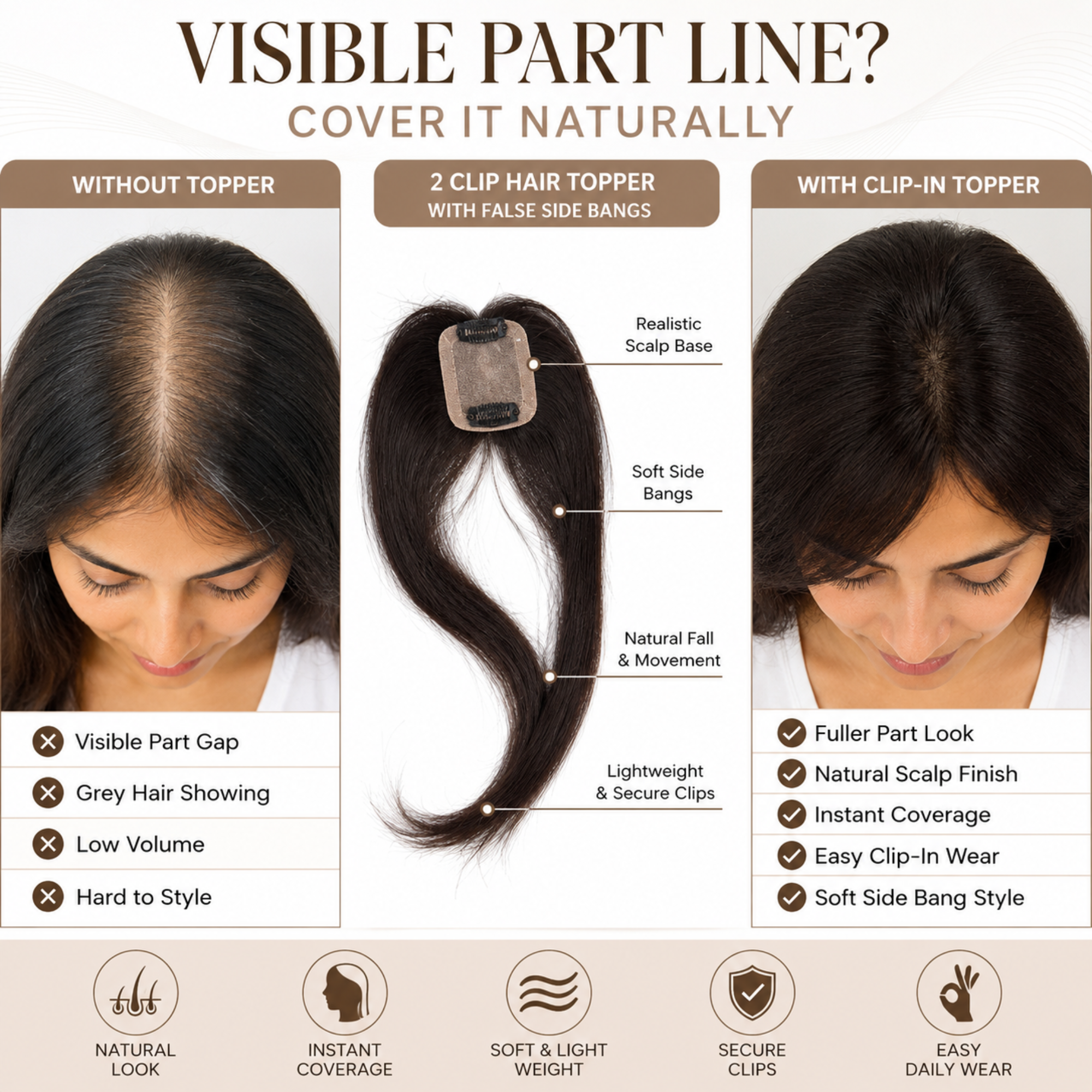 Hairzo Silk Base Hair Topper with Side Bangs | Clip-In Hair Topper for Thinning Hair, Grey Hair & Root Coverage | Natural Looking Hairpiece for Men & Women