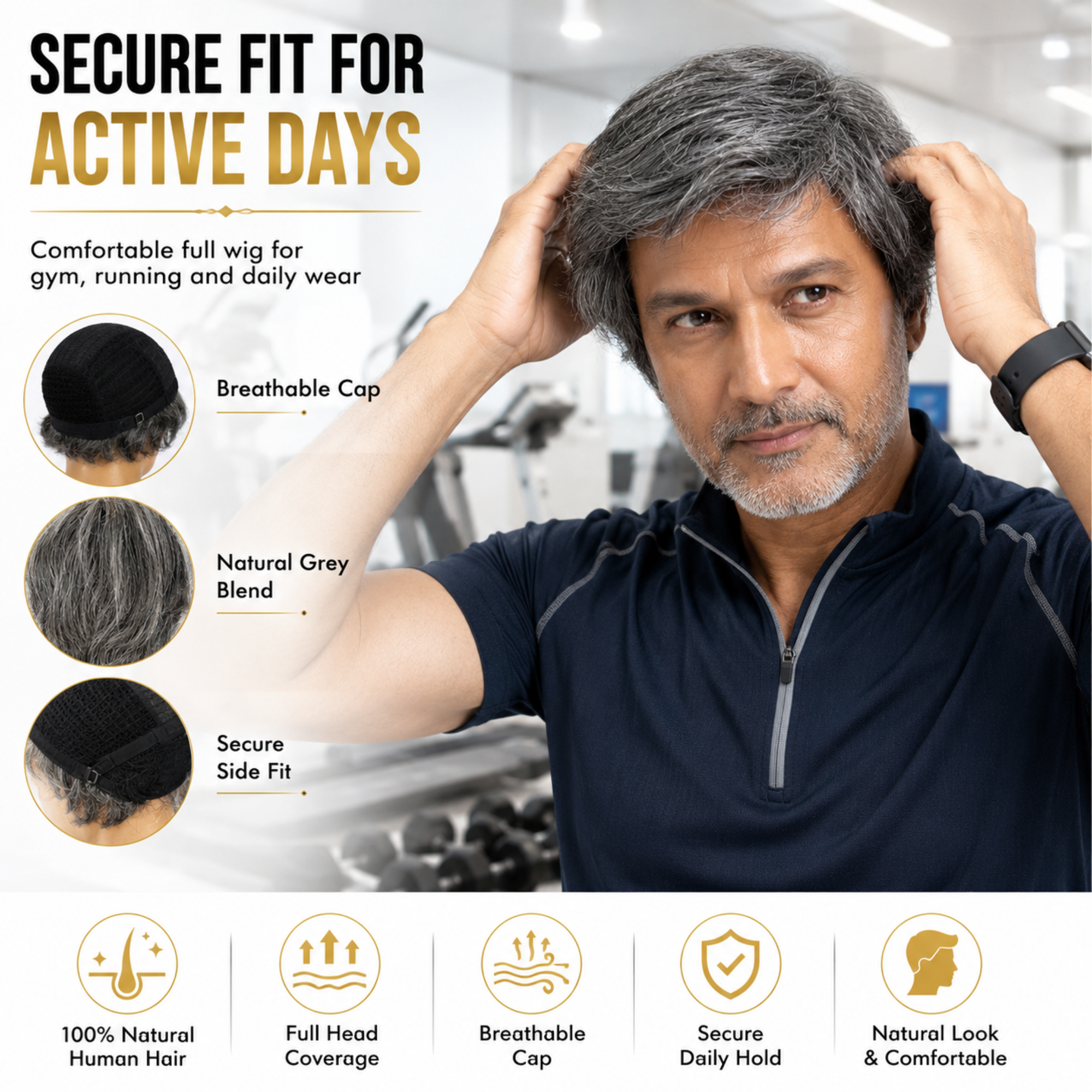 Hairzo Salt & Pepper Grey Men's Full Wig | 100% Human Hair Full Wig for Men | Natural Grey Blend Hair Replacement Wig with Adjustable Fit