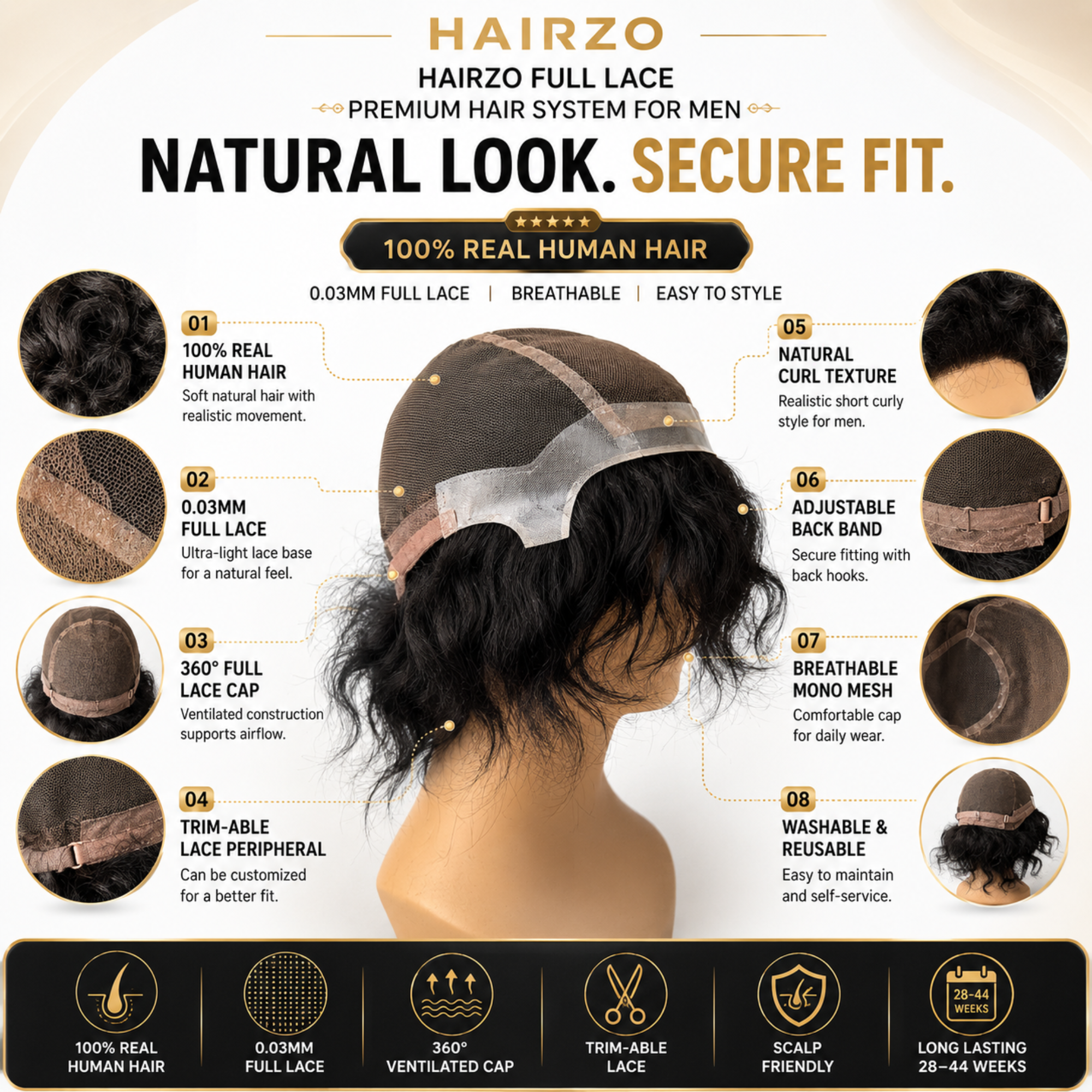 Hairzo Full Lace Skin Mesh Men's Full Wig | 100% Indian Remy Human Hair Wig with Adjustable Band | Breathable Full Coverage Hair Replacement System for Men